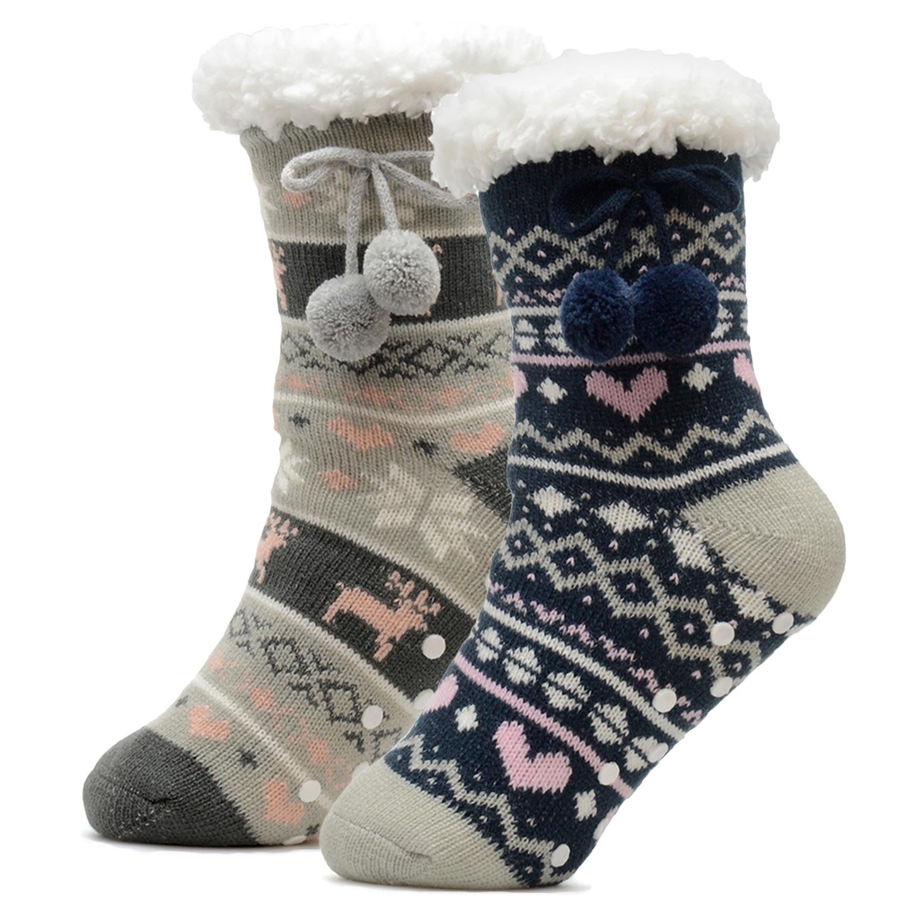 Kids Girls' Fluffy Sherpa Fleece Lining Christmas Socks with Non Slip Gripper