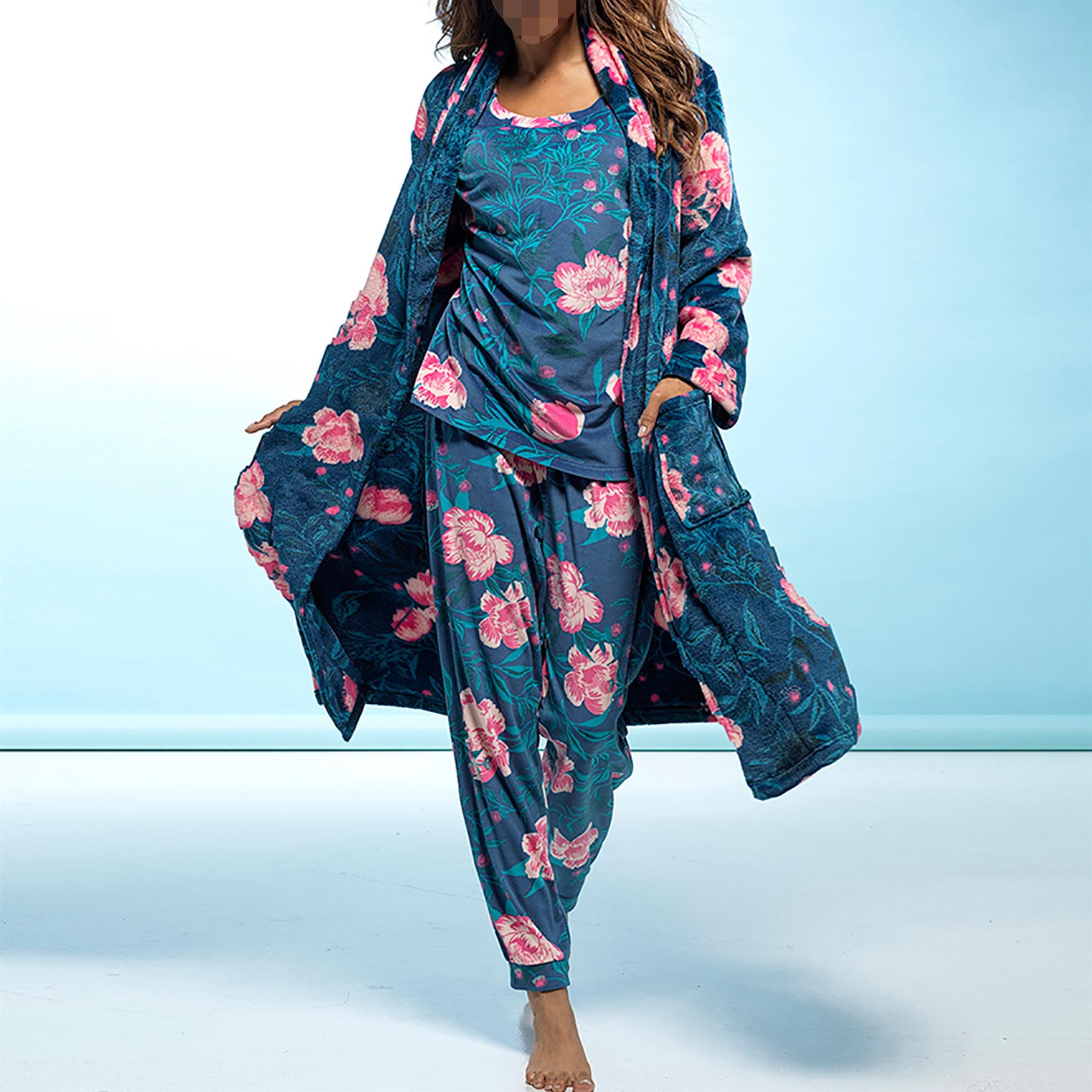 A2Z Ladies Shimmer fleece Floral Print knee Length Dressing Gown Changing Robe