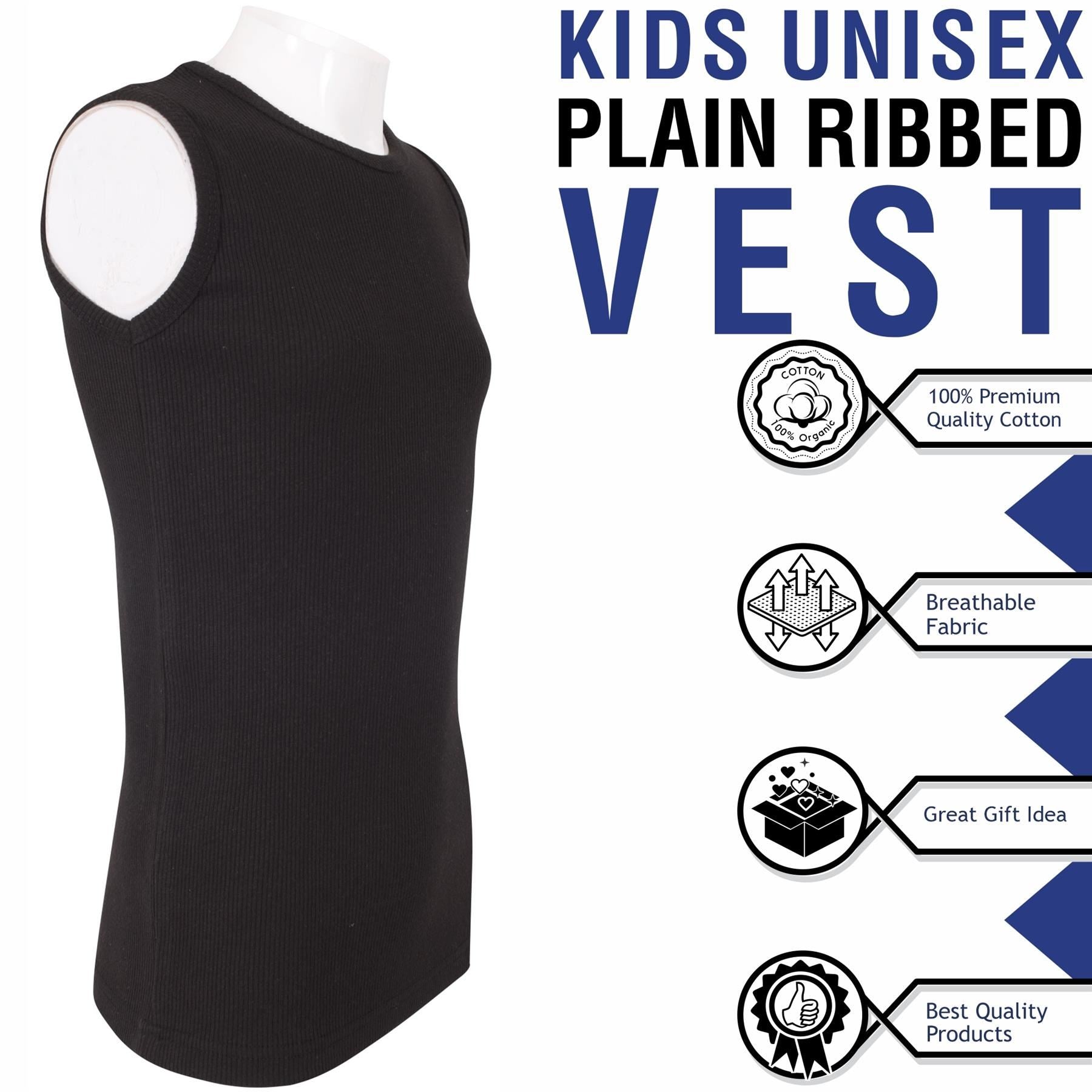Kids Girls Boys Childrens Vest Top Tank Top Fitted 100% Rich Cotton 2-13 Years
