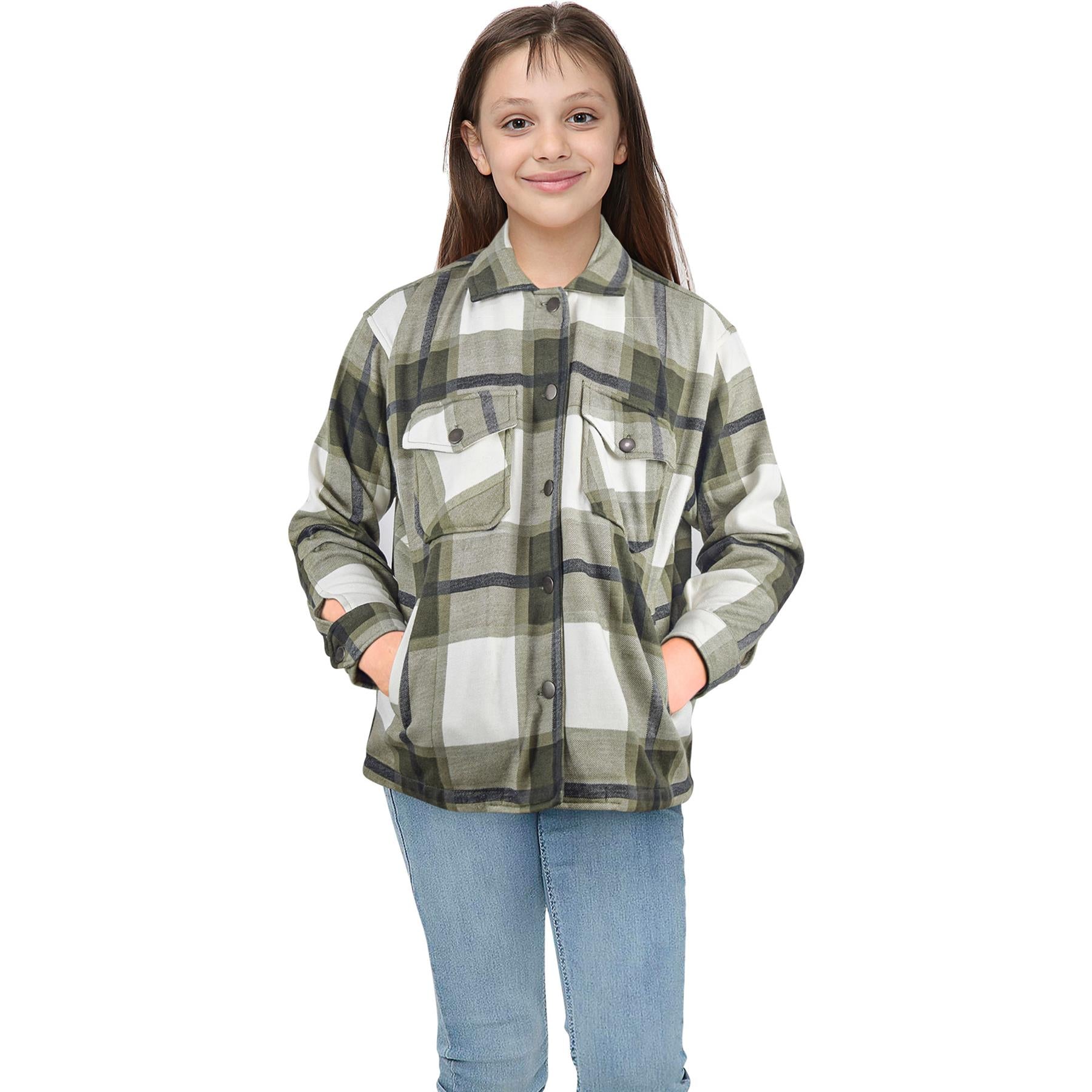 Kids Girls Check Print Khaki Jackets Tunic Fleece Collared Fashion Coat 7-13 Yrs