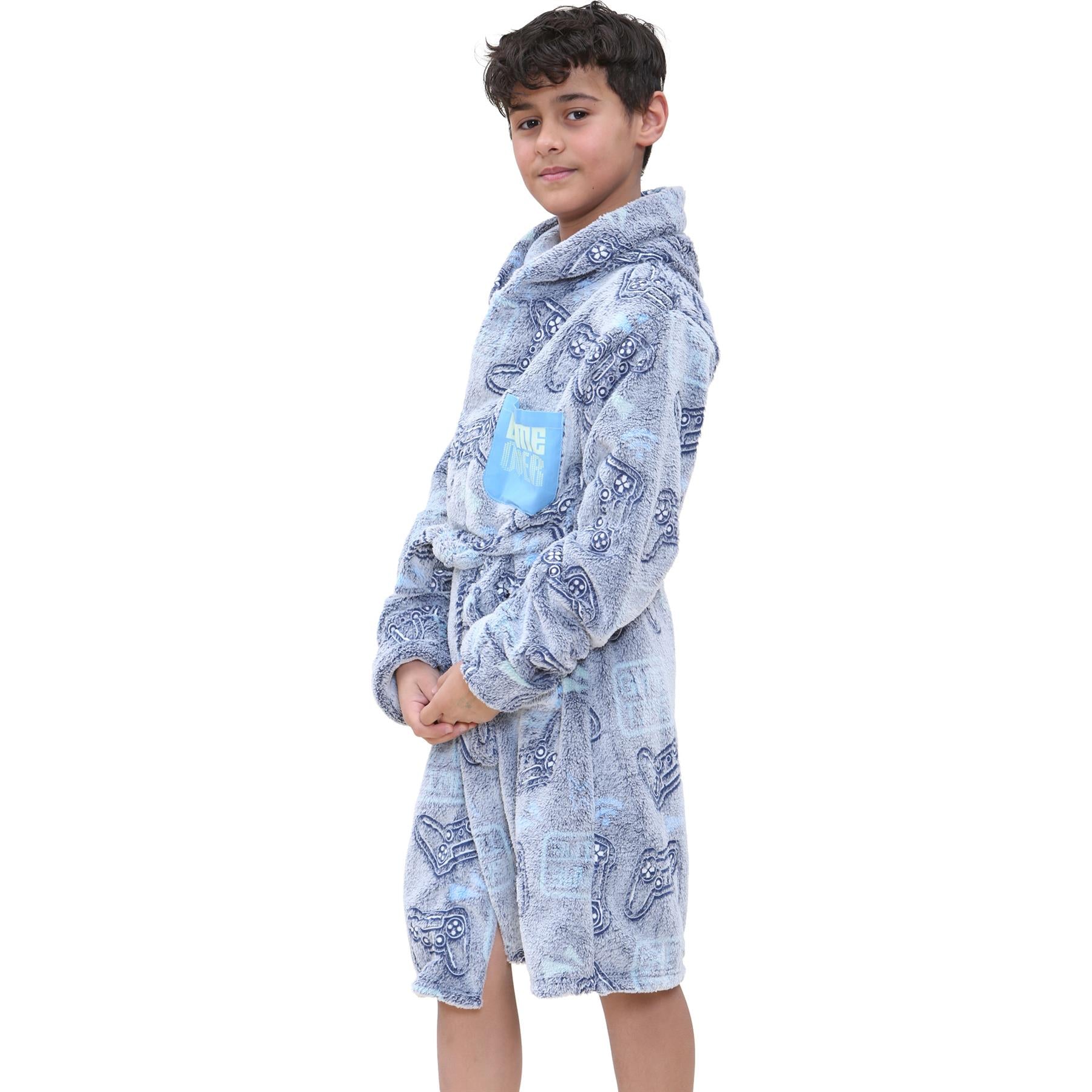 Kids Girls Boys Game Controllers Print Glow In The Dark Soft Navy Hooded Robe