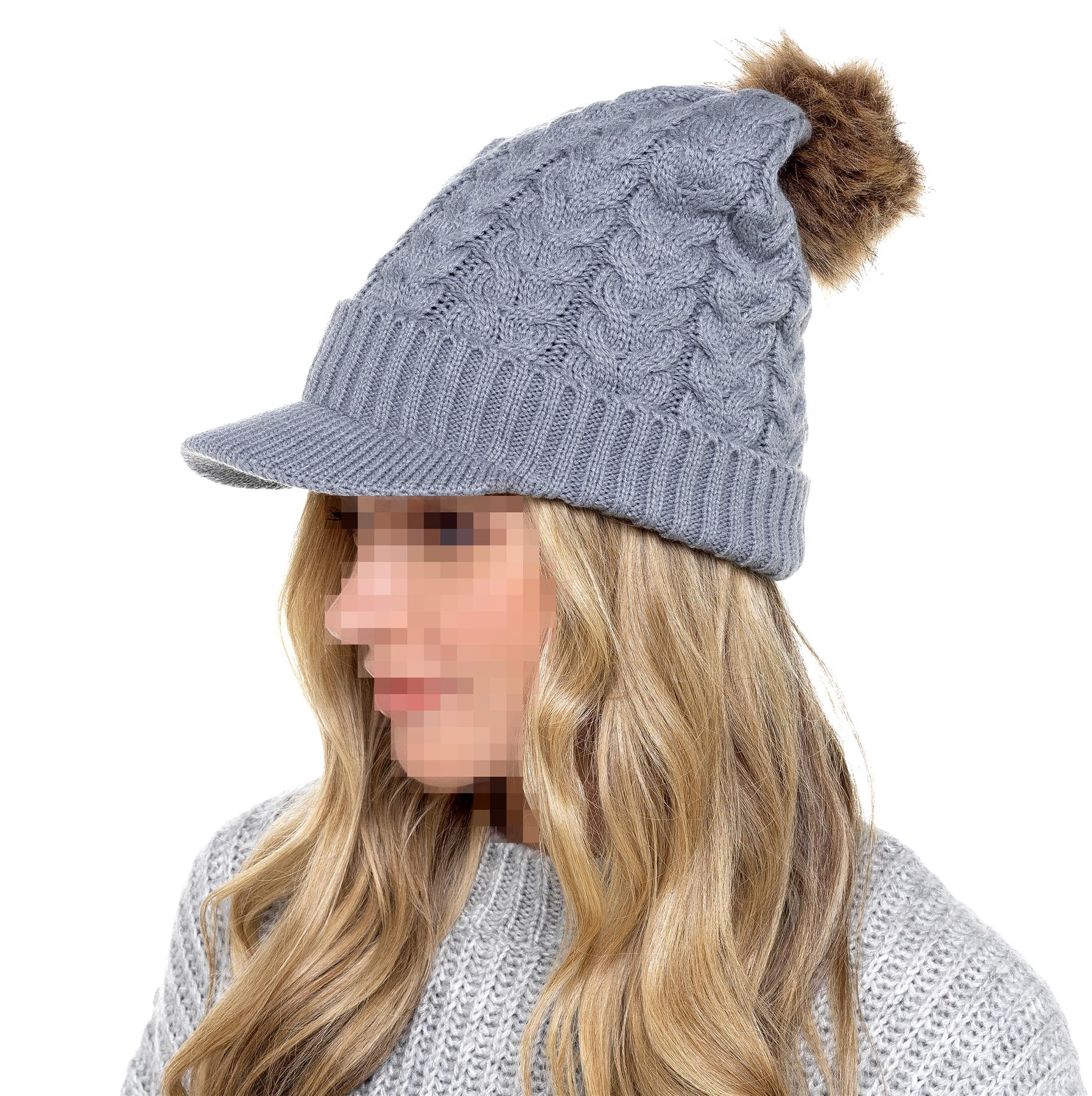 A2Z Ladies Hat Cable Knit Peaked Sherpa Detachable Pom Pom Winter Warm Cozy Caps