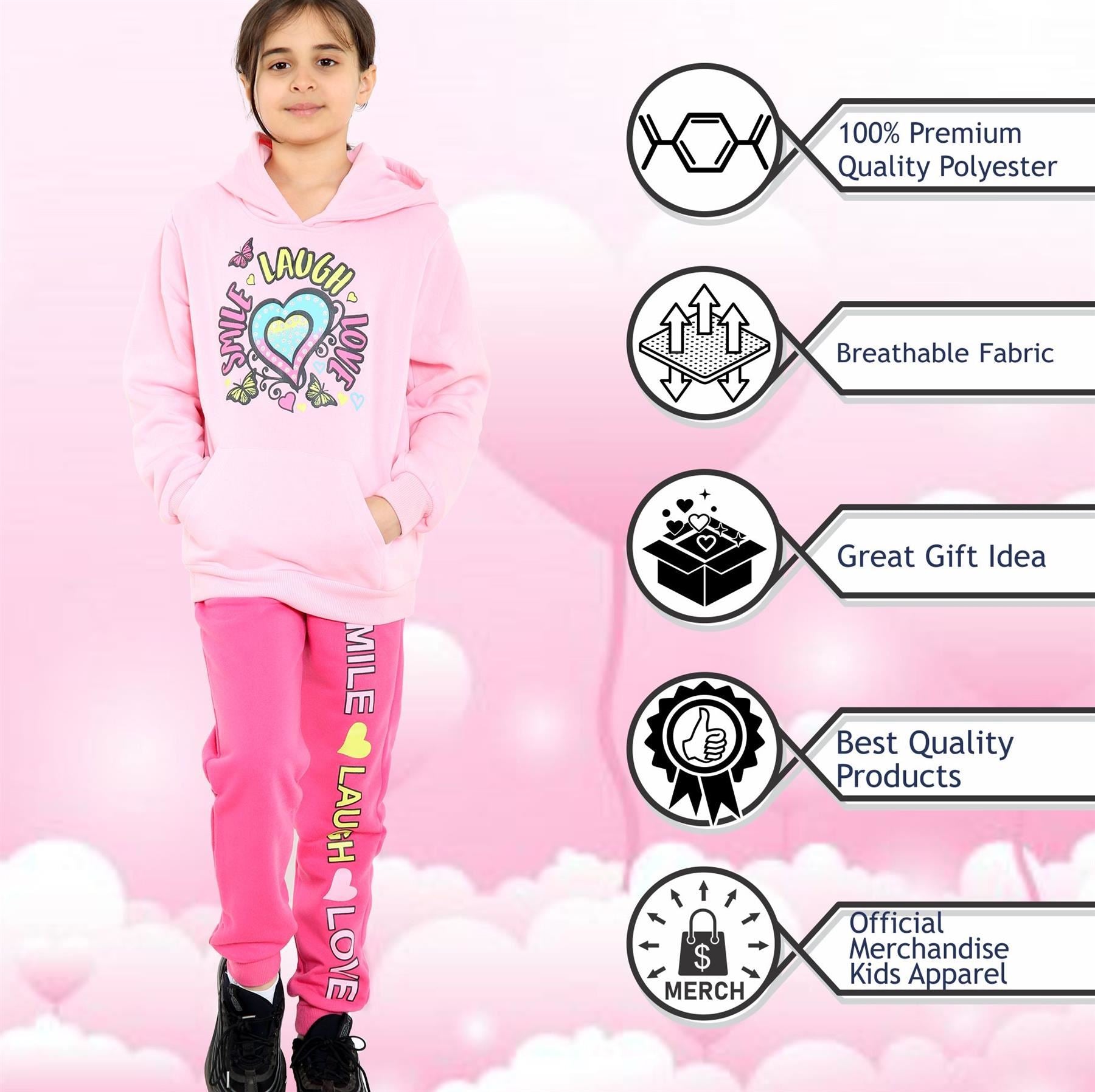 A2Z 4 Kids Girls Tracksuit Smile Laugh Love Print Hooded Top Bottoms Outfit Set