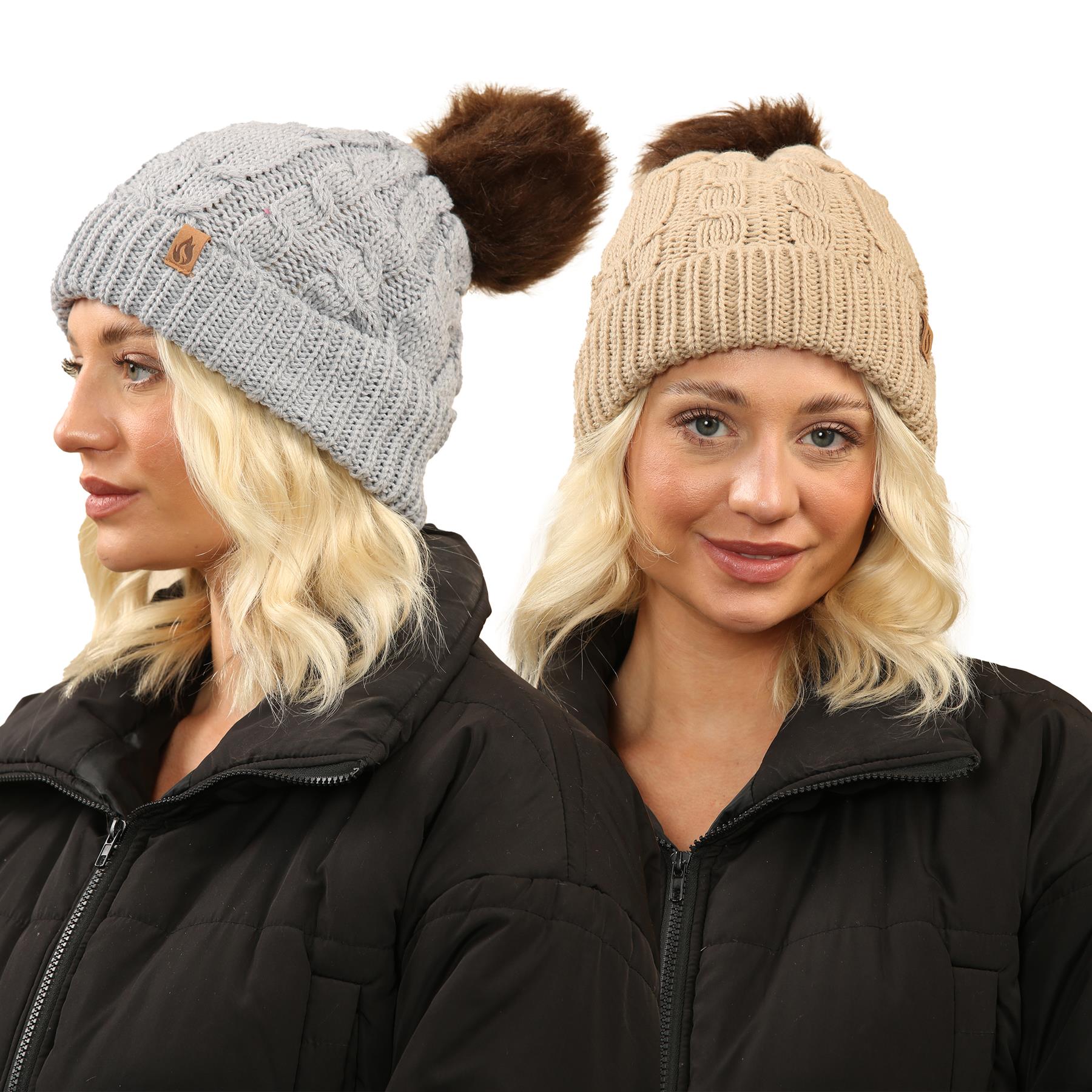 A2Z Ladies Hats 2 Pack Cable Knit Fur Bobble Beanie Pom Pom Winter Warm Cosy Cap