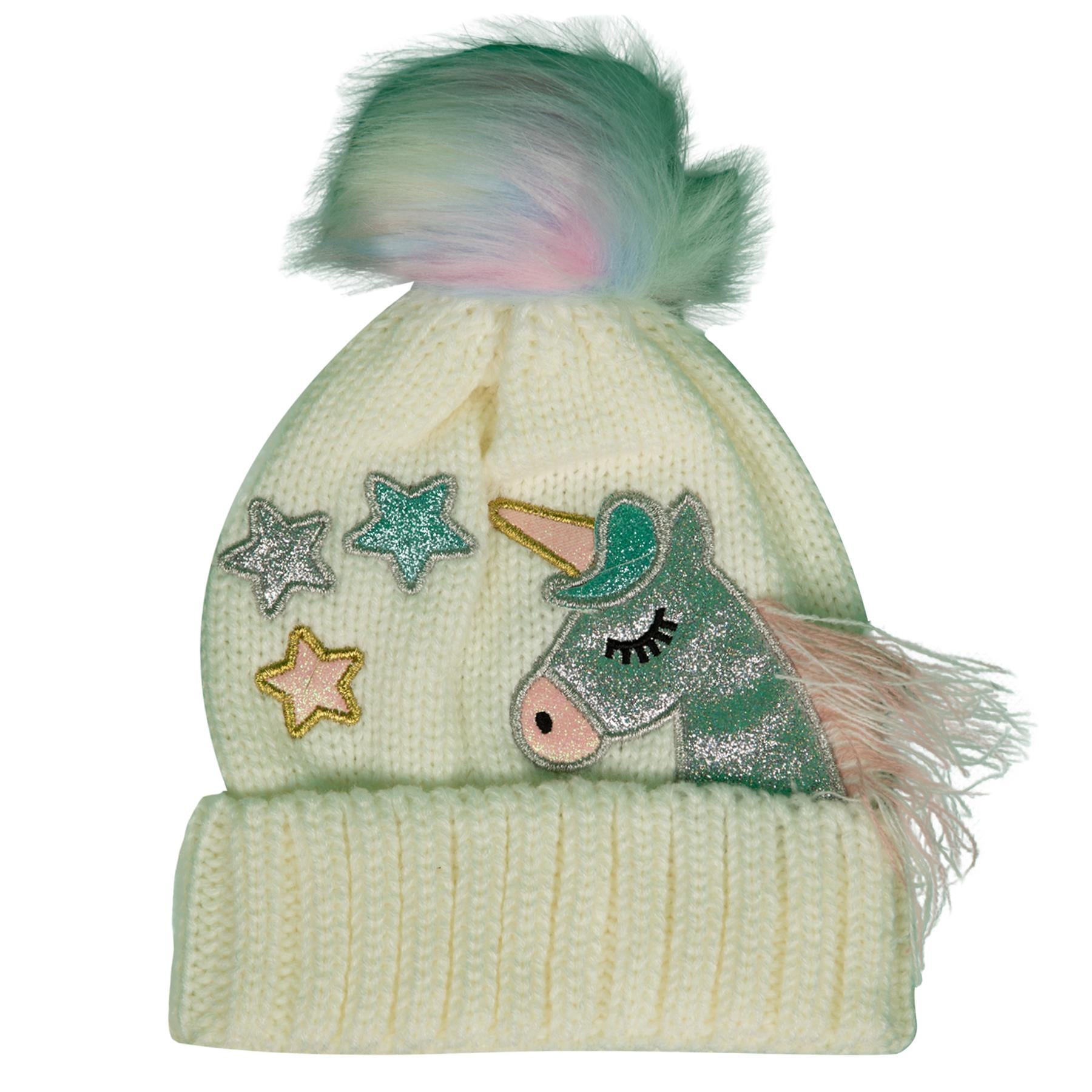 Kids Girls Cable Knit Hat Unicorn Embroided Bobble Baenie Pom Pom Soft Cosy Hat