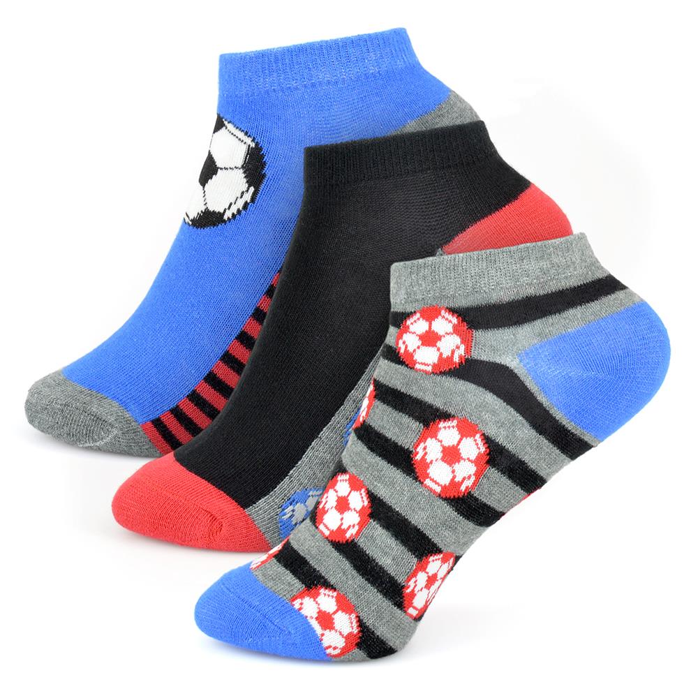 Kids Boys Football Design Striped Trainer Liner Socks Cotton Rich Low Cut Socks