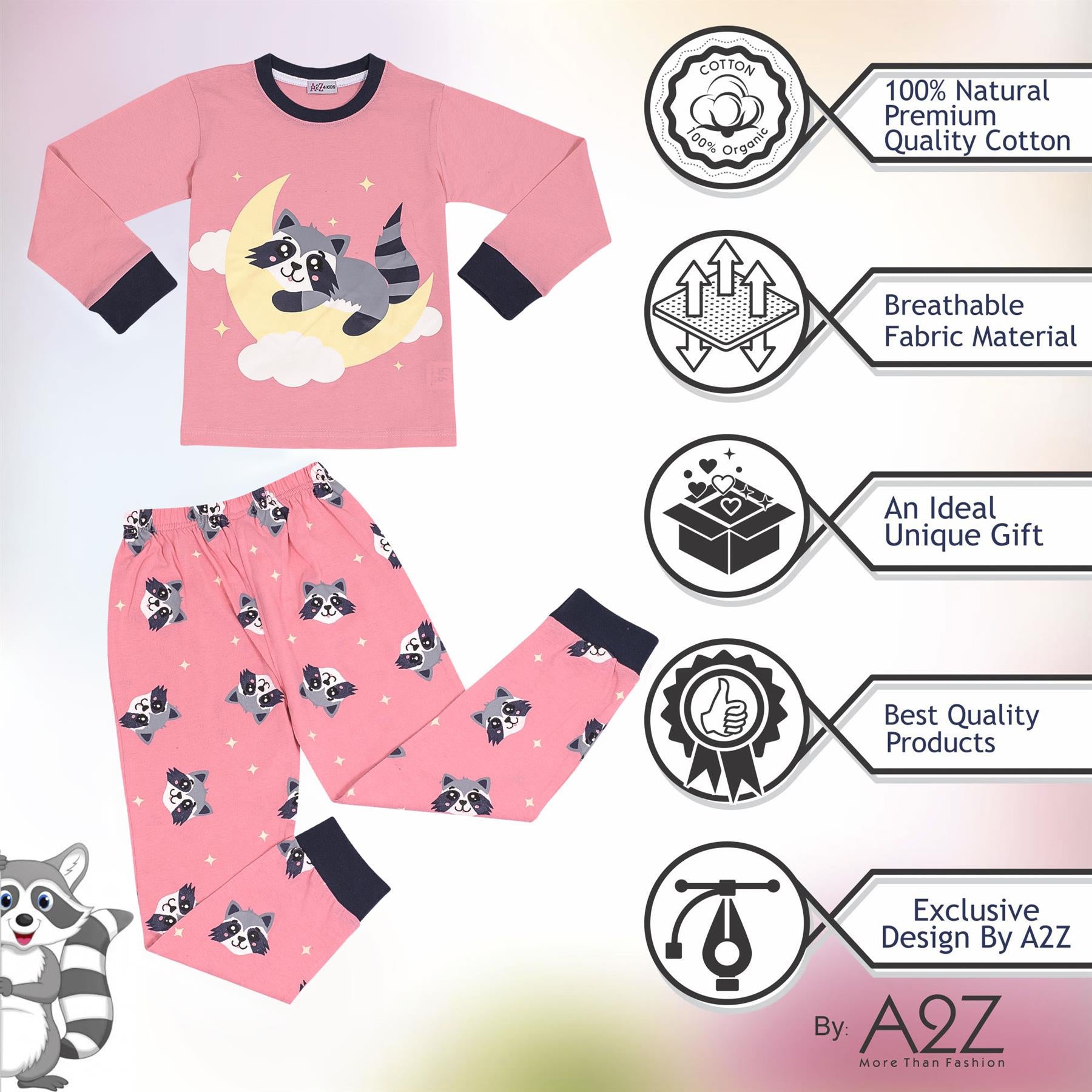 Kids Girls Pyjamas Moon & Raccoon Print Baby Pink Lounge Suit Set