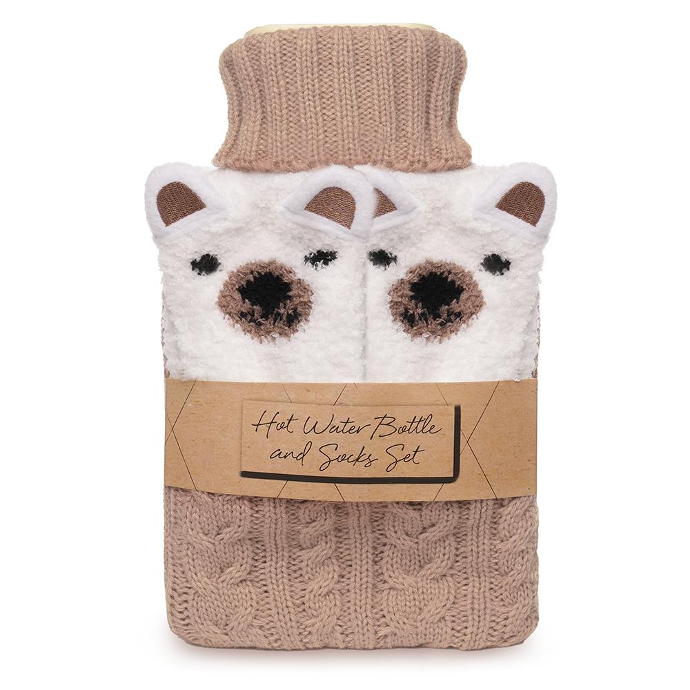 A2Z Hot Water Bottle 1 Litre Capacity Cable Knitted Cover & Cosy Socks Gift Set