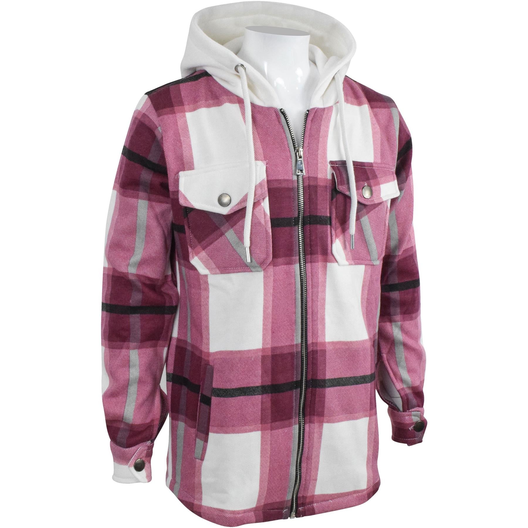 Kids Girls Zip Up Hooded Jackets Wine Check Print Utility Pockets Fleece Coats