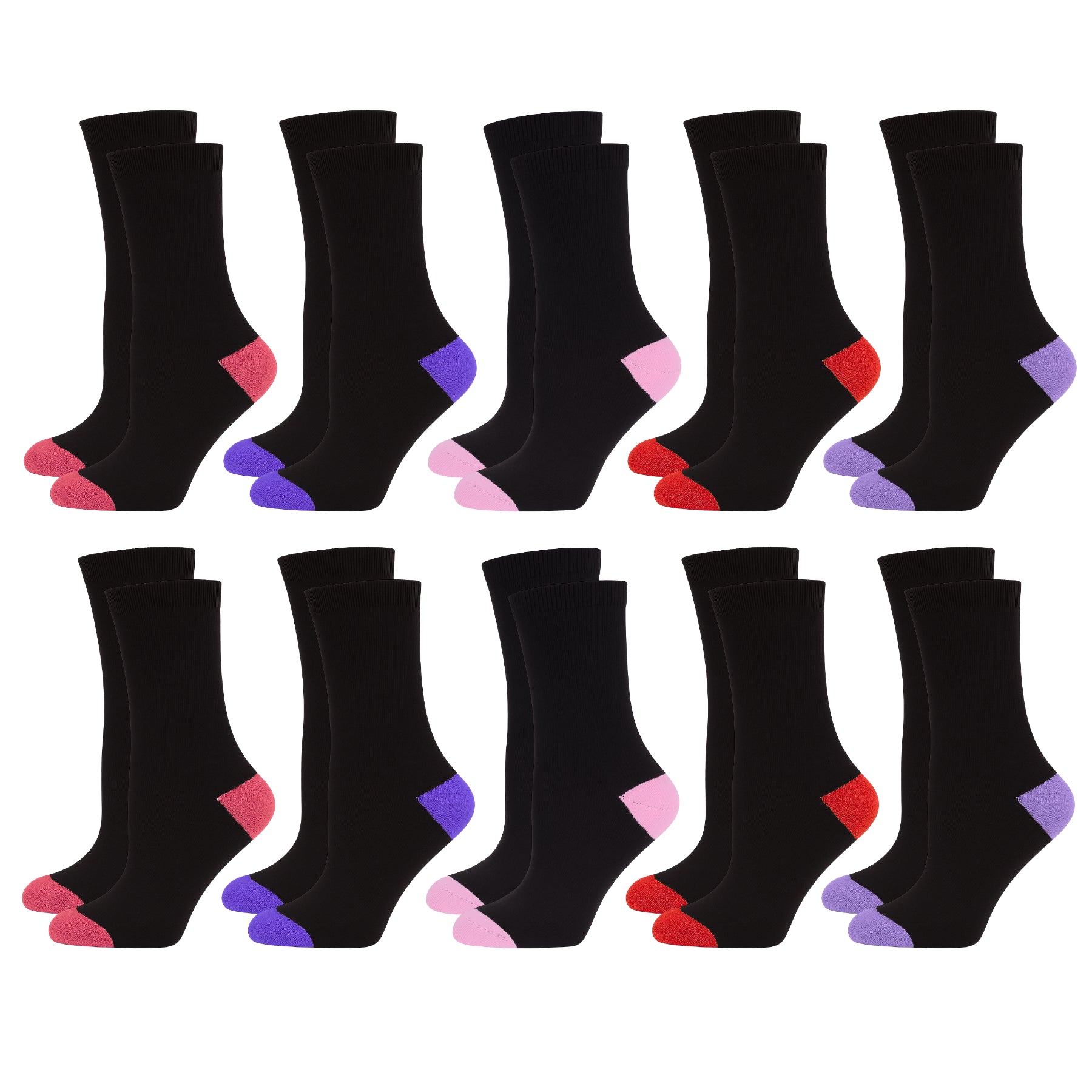 Women Plain Cotton Crew Socks Multipack Contrast Heel Toe Casual Ladies Socks