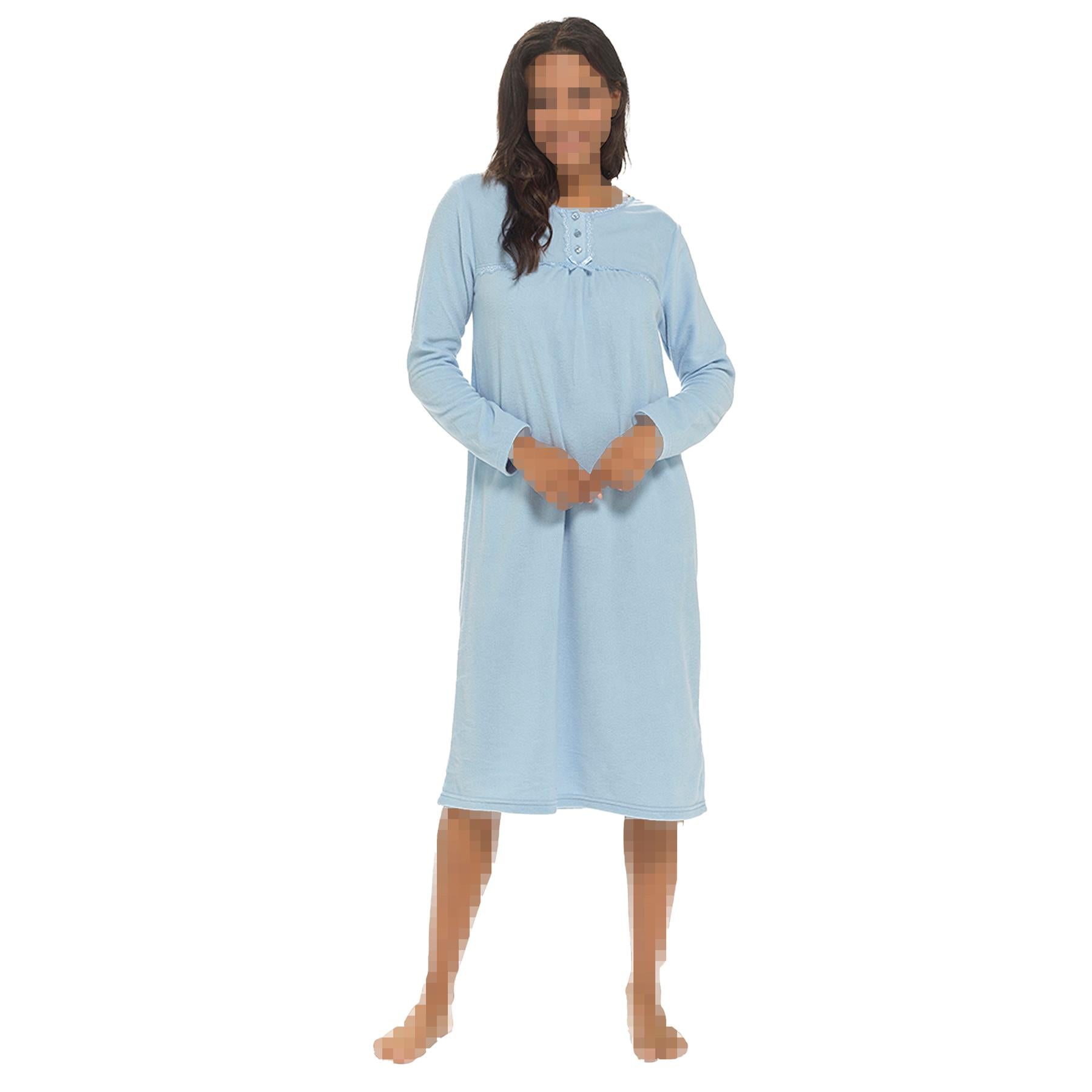 Ladies Nightie Polar Fleece Womens Nightgown Soft Feel Button Placket Sleepwear