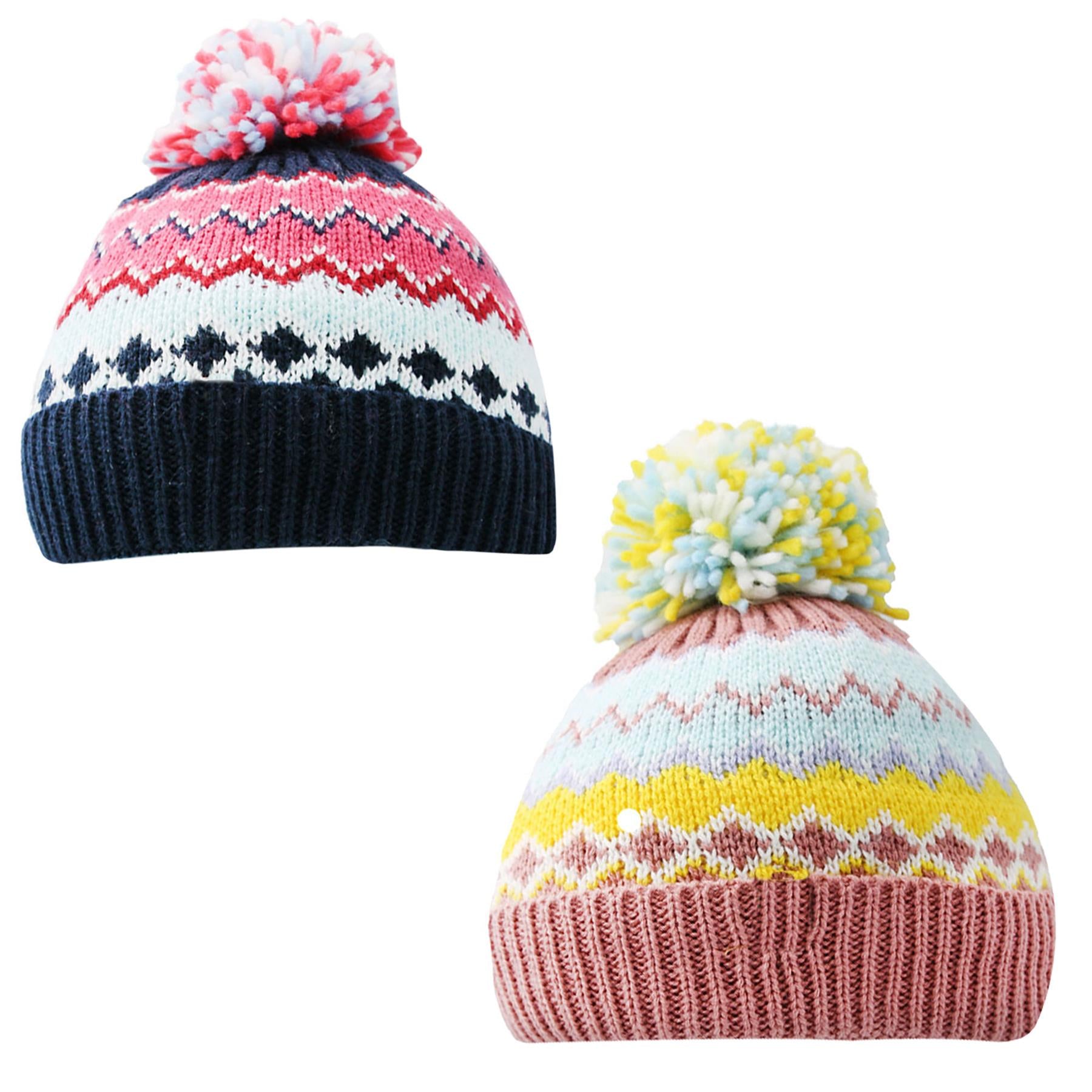 Girls Hats Nordic Stripe Bobble Beanie Pack Of 2 Soft Lined Snow Knit Warm Caps