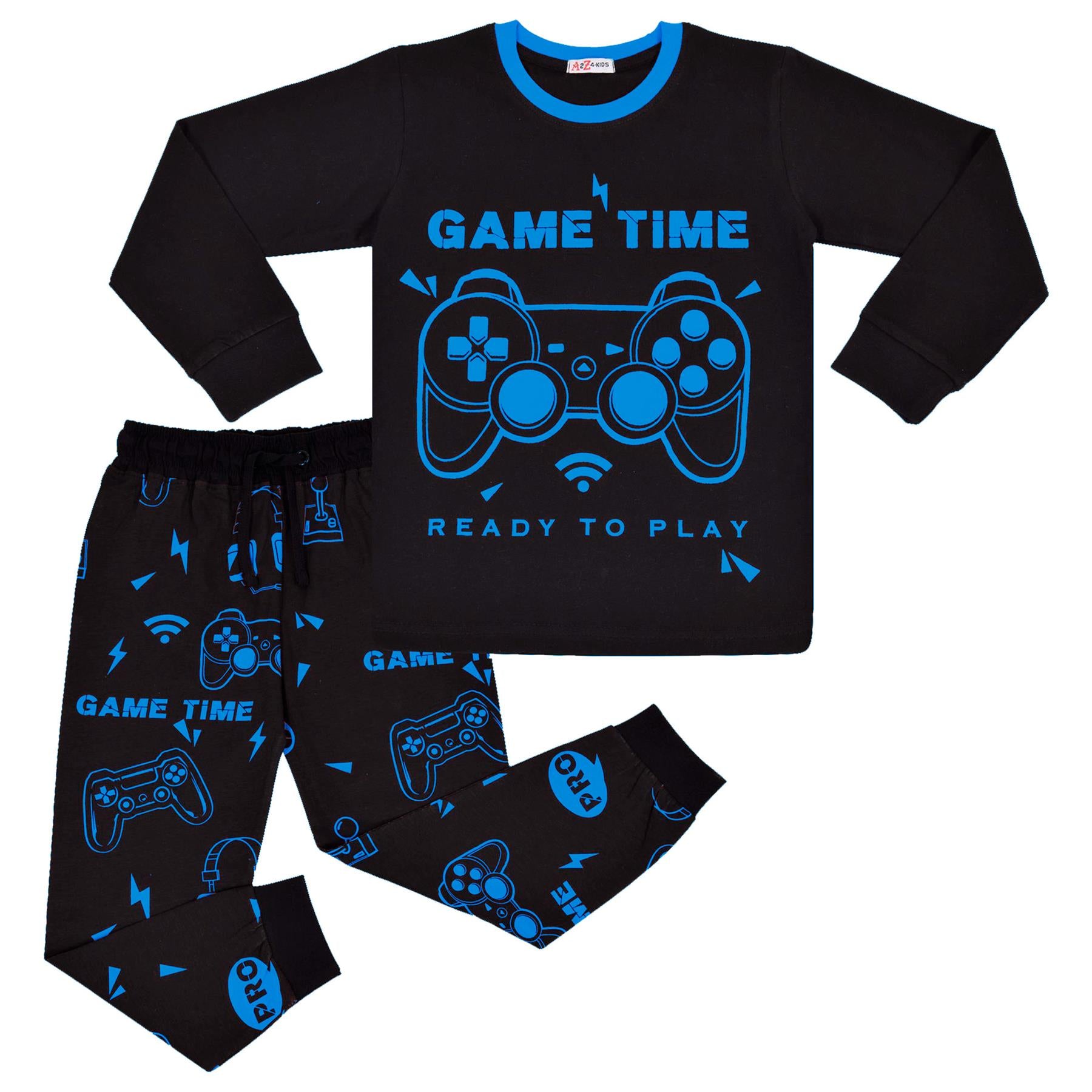 Kids Girls Boys Game Time Black Print Pyjamas Set