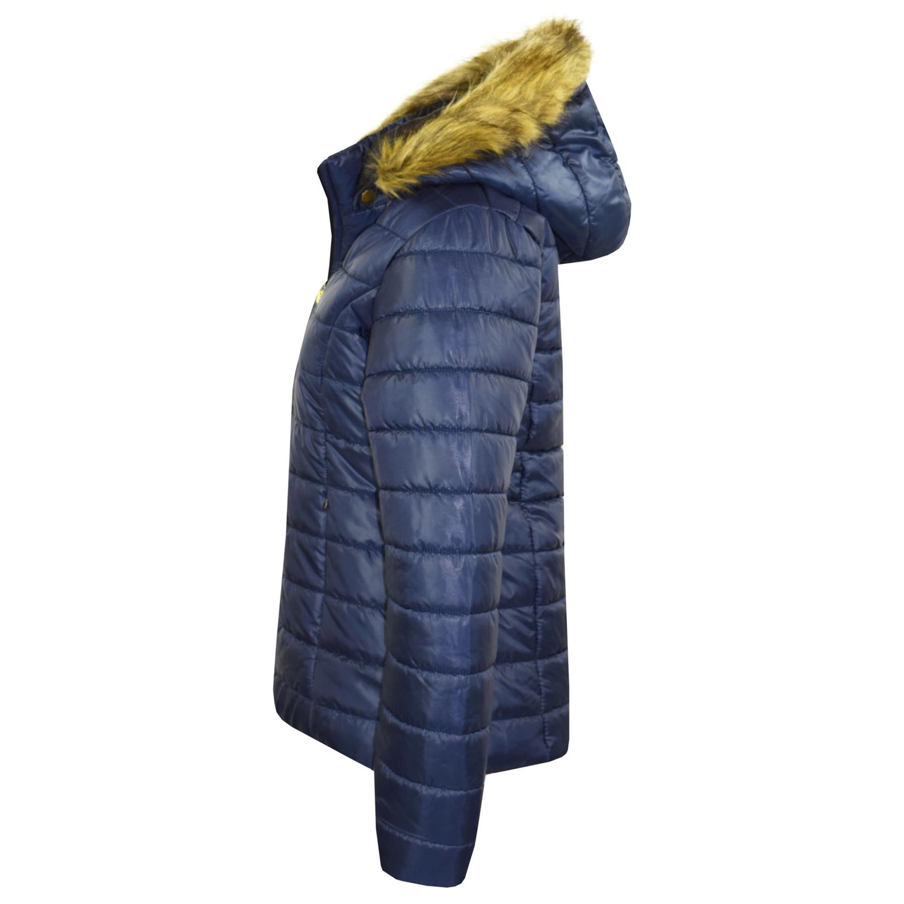 Kids Girls Jackets Navy Puffer Padded Quilted Detachable Hood Faux Fur Top Coats