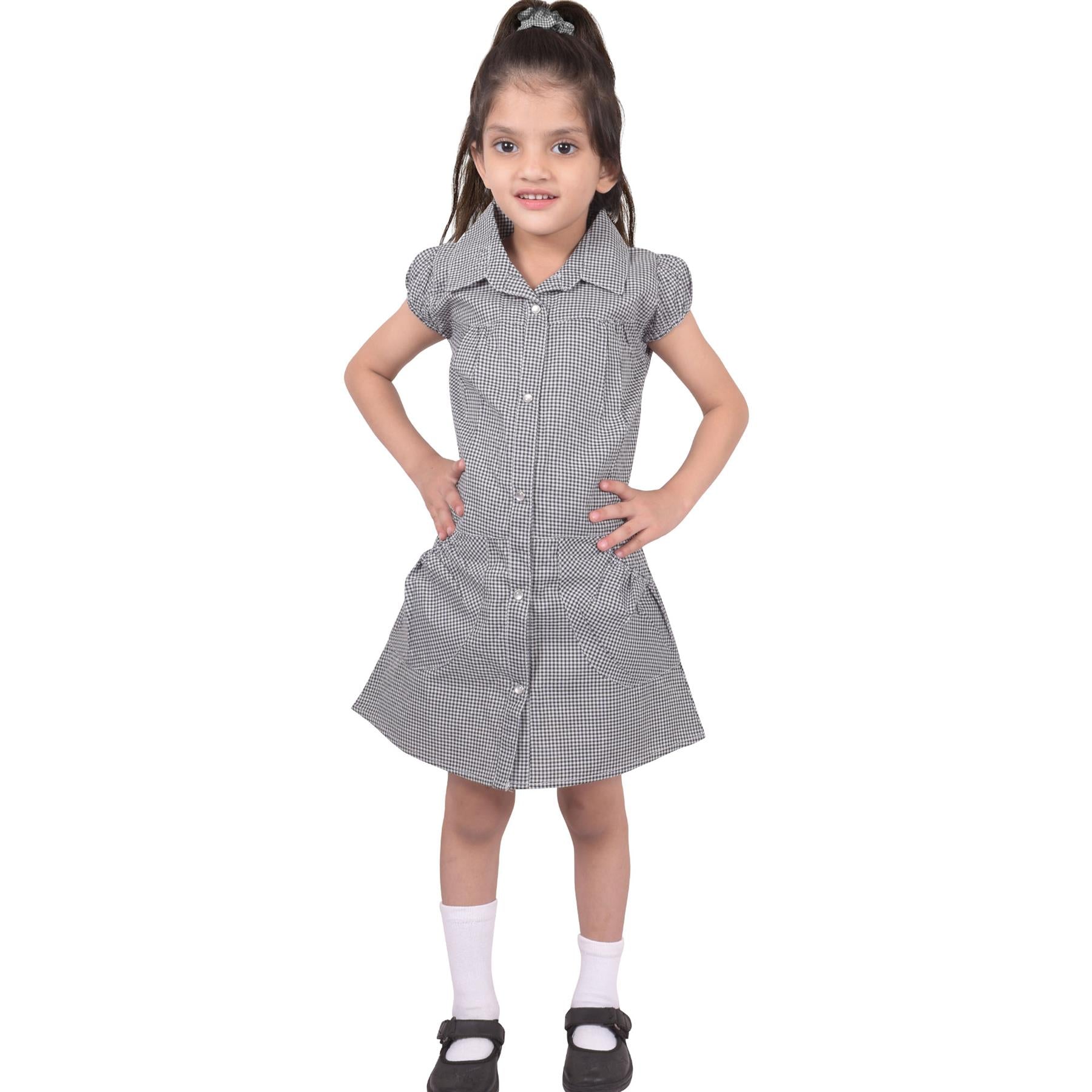 Girls Uniform School Dress Gingham Check Printed Dress With Matching Scrunchies