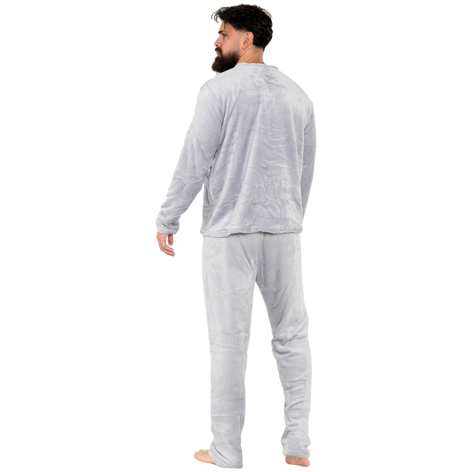 Mens Pyjamas Set Long Sleeve Crew Neck Plain Soft Fleece Pyjamas Set