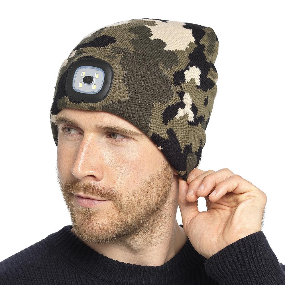 A2Z Mens LED Hat Camouflage Knitted Beanies Caps USB Rechargeable LED Torch Cap