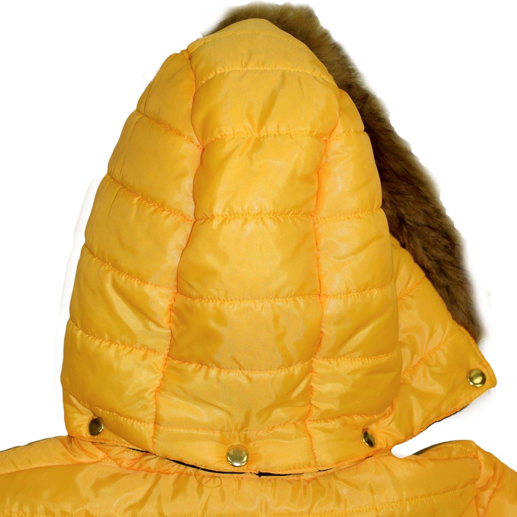 Kids Girls Jackets Mustard Puffer Padded Quilted Detachable Hood Faux Fur Coats