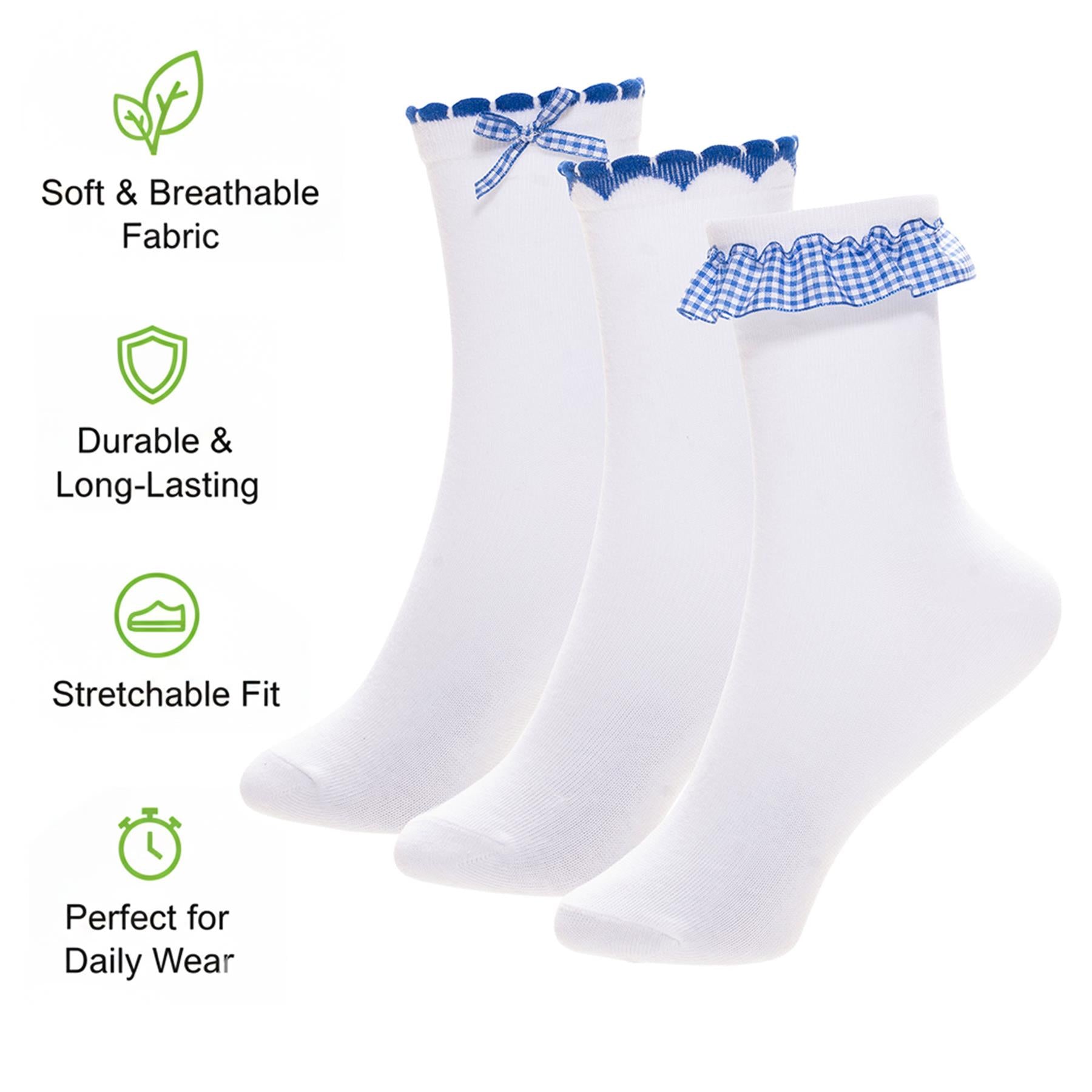 A2Z 4 Kids Girls 3 Pack Gingham Lace Trim Frill & Bow School Ankle Socks