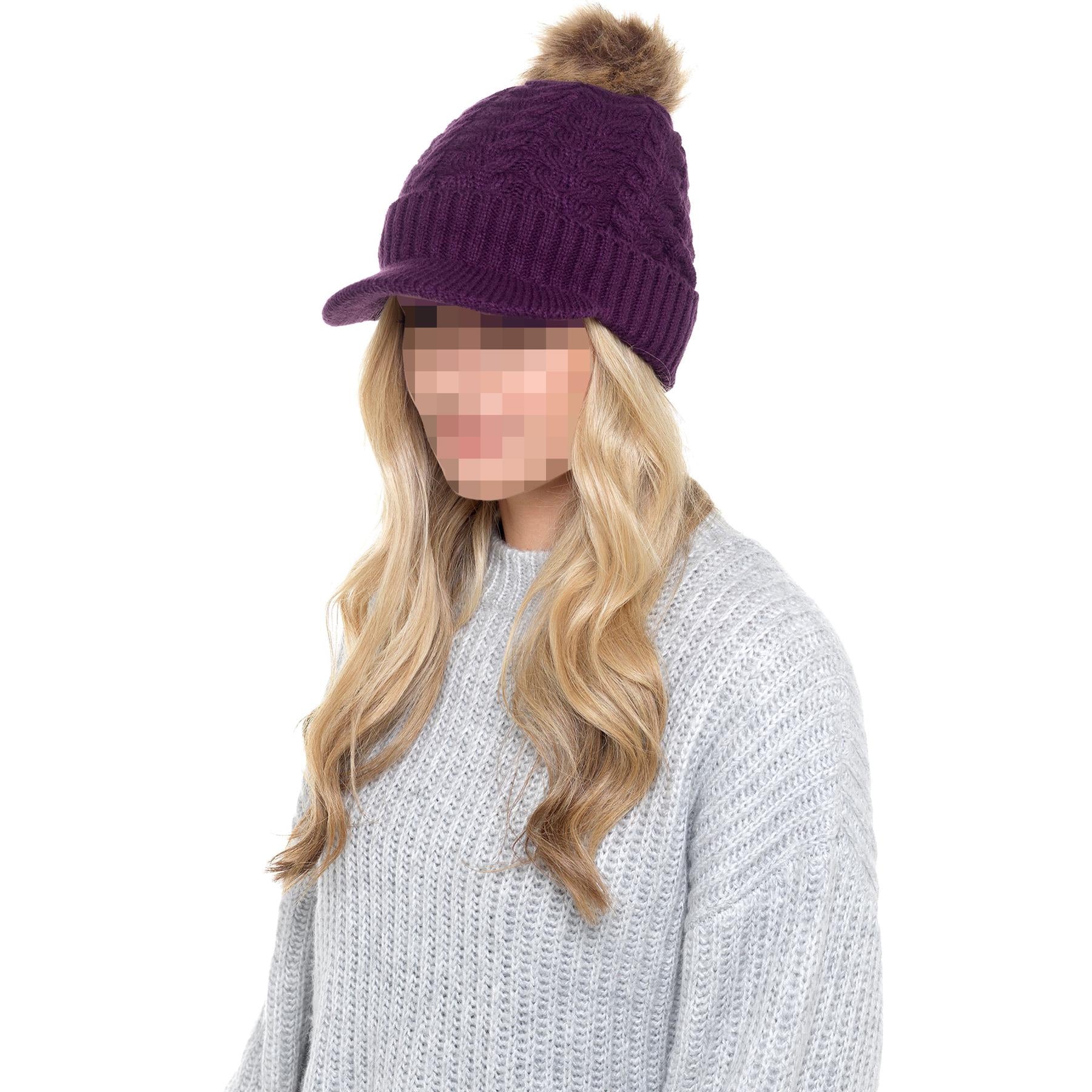 A2Z Ladies Hat Cable Knit Peaked Sherpa Detachable Pom Pom Winter Warm Cozy Caps