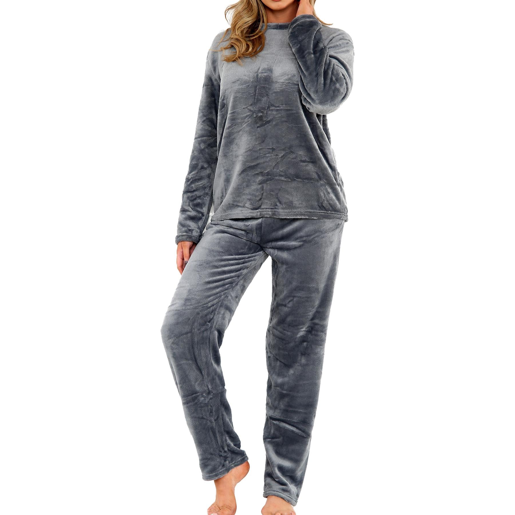 Ladies Pyjamas Soft Warm Fleece Adults Crew Neck Pyjamas 2 Piece Gift Set