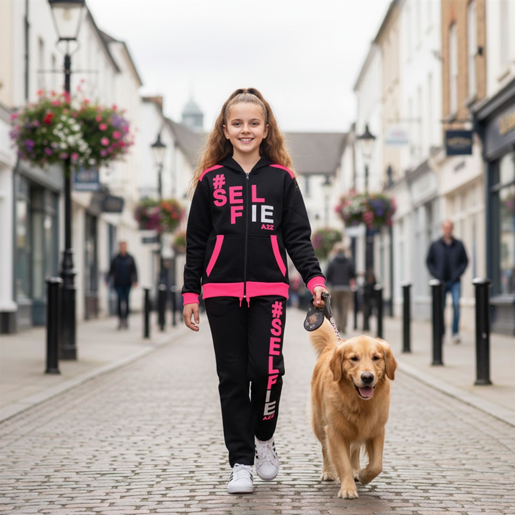 A2Z 4 Kids Girls Boys #SELFIE Tracksuit Hoodie & Joggers Outfit Set Top Bottom