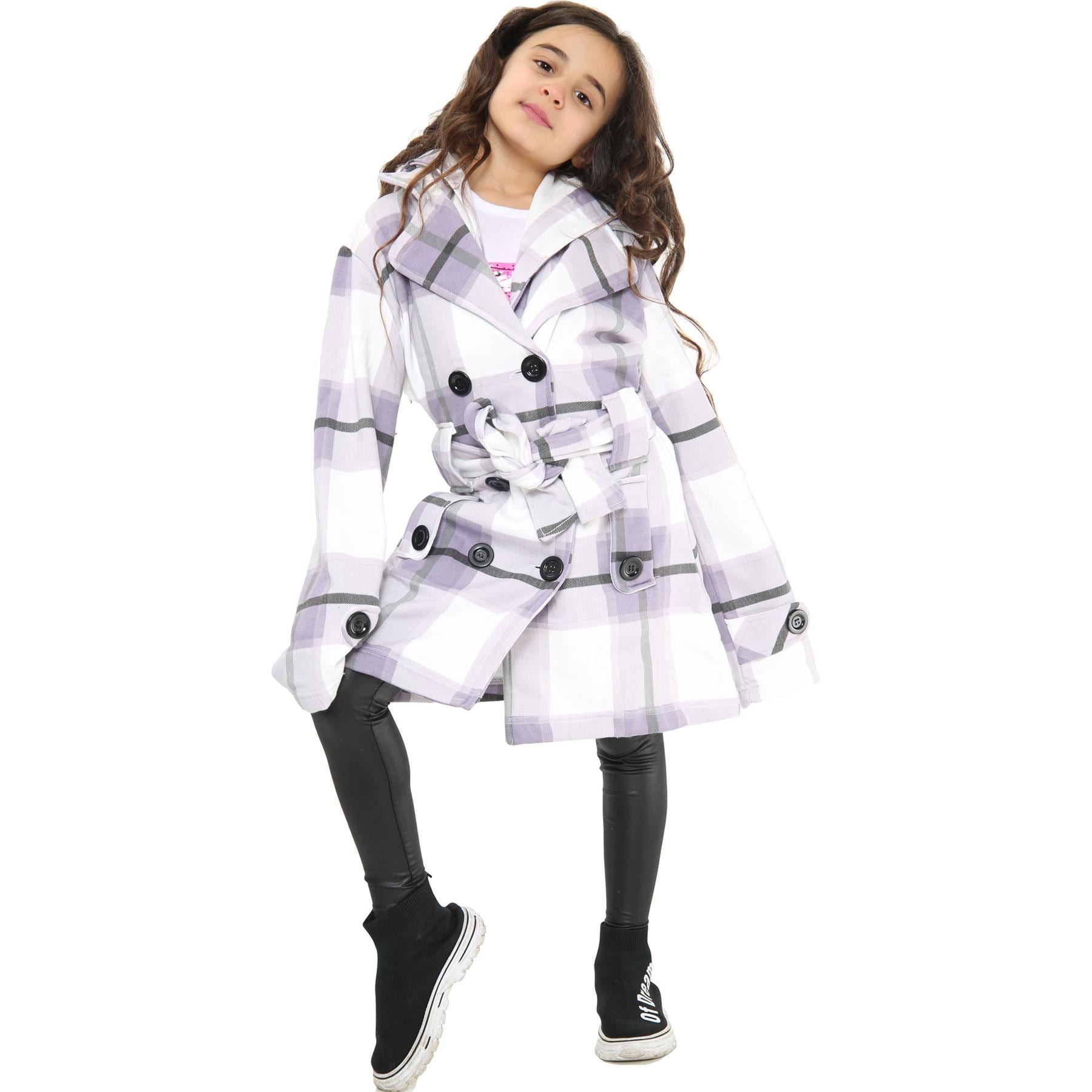 Kids Girls Overcoats Hooded Trench Coats Lapels Lilac Check Long Parka Jackets