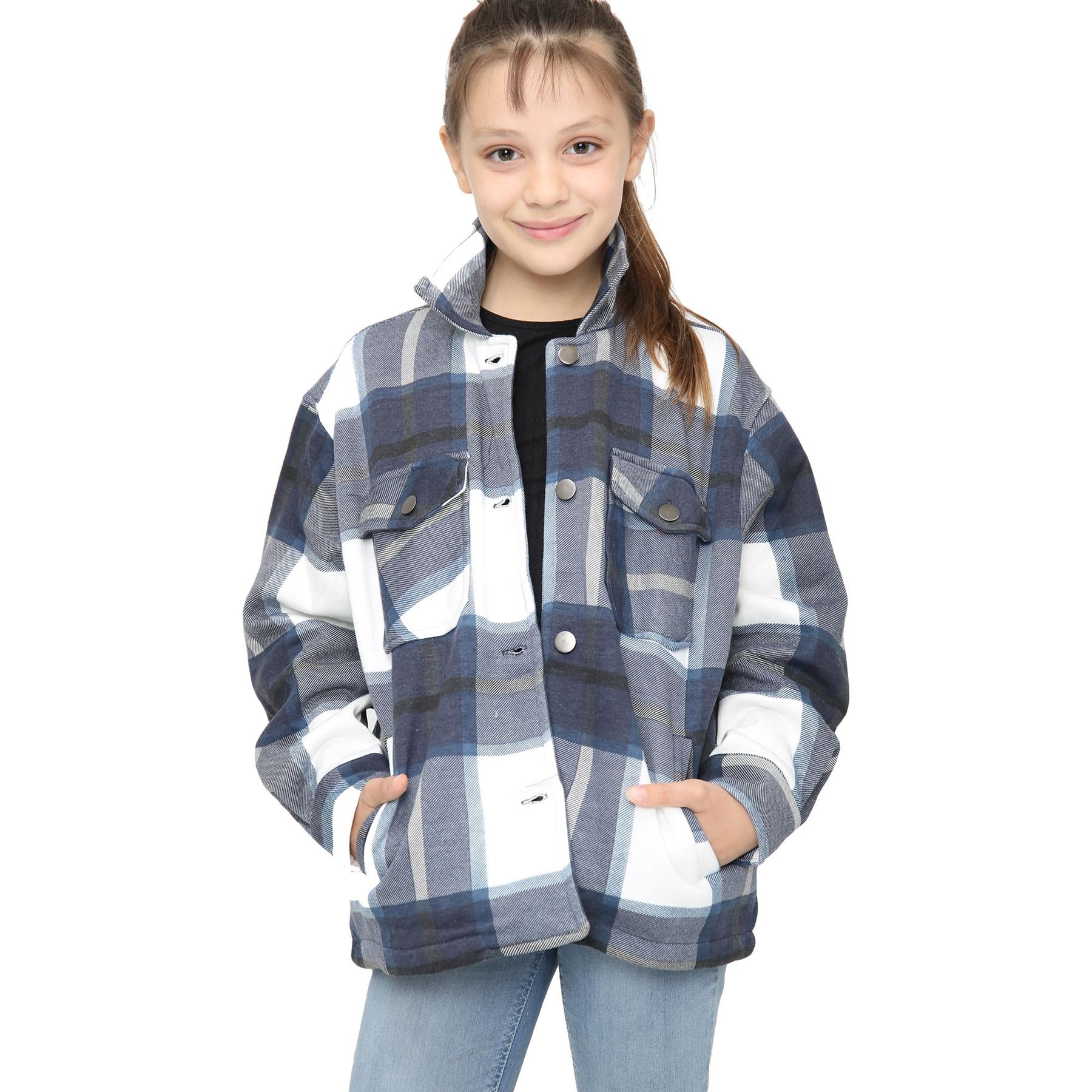 Kids Girls Check Print Navy Jackets Tunic Fleece Collared Fashion Coat 7-13 Year