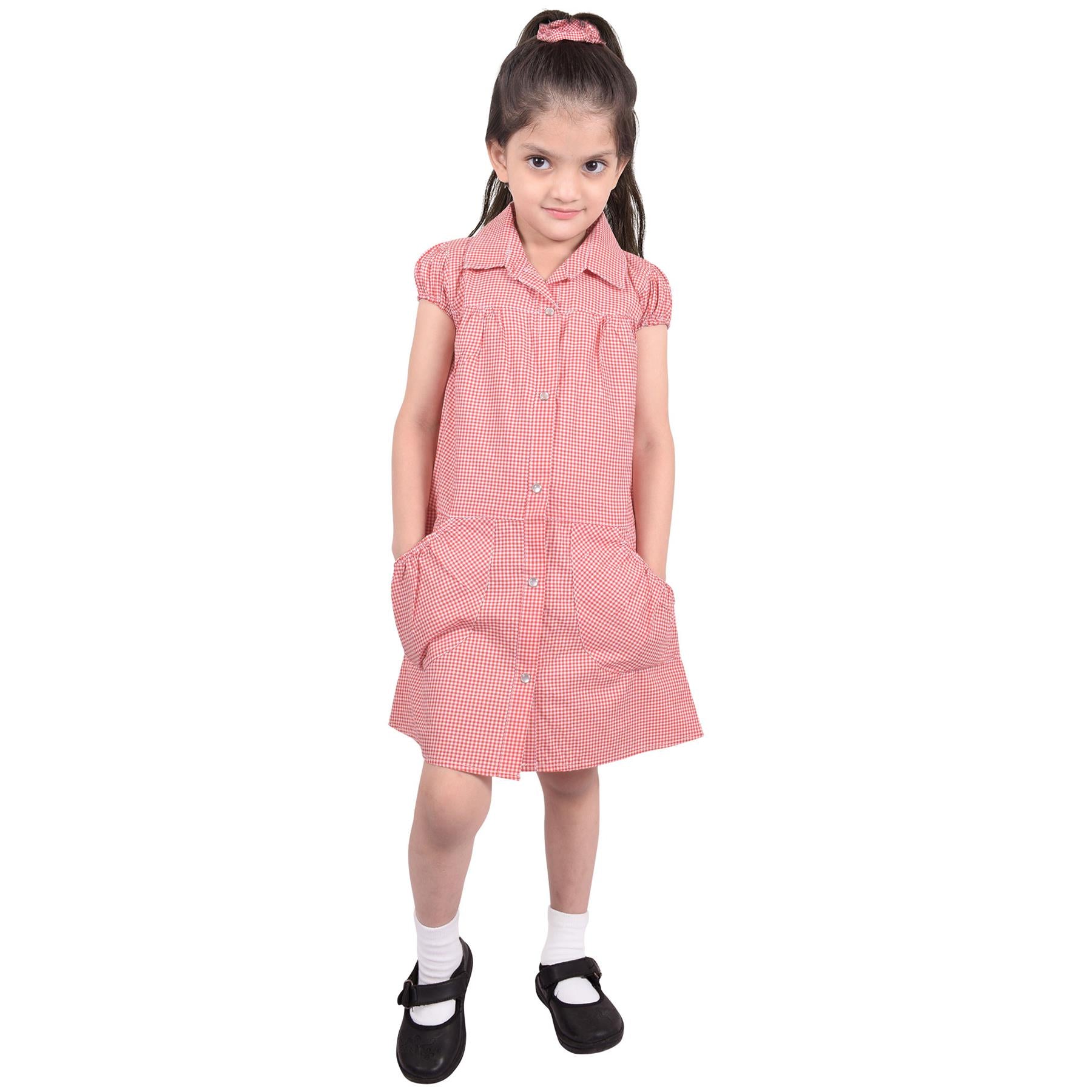 Girls Uniform School Dress Gingham Check Printed Dress With Matching Scrunchies