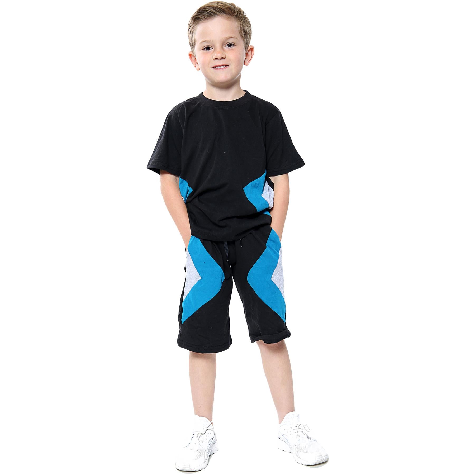 Kids Boys Girls T Shirts 100% Cotton Contrast Panelled Summer Top & Shorts Set