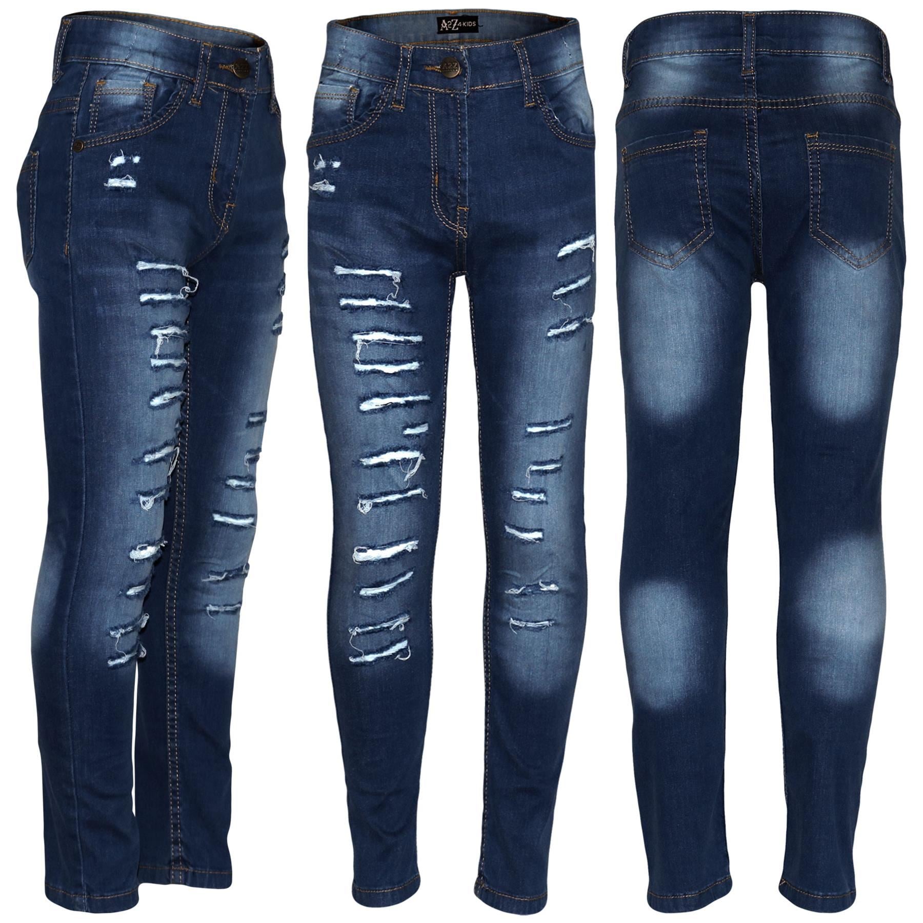 Kids Girls Stretchy Jeans Denim Ripped Faded Fashion Skinny Pants Jeggings 5-14