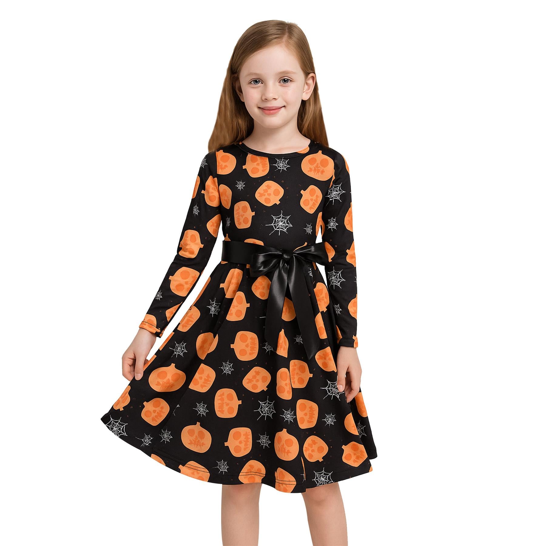 Girls Long Sleeves Pumpkins & Spider Web Print Halloween Skater Dress