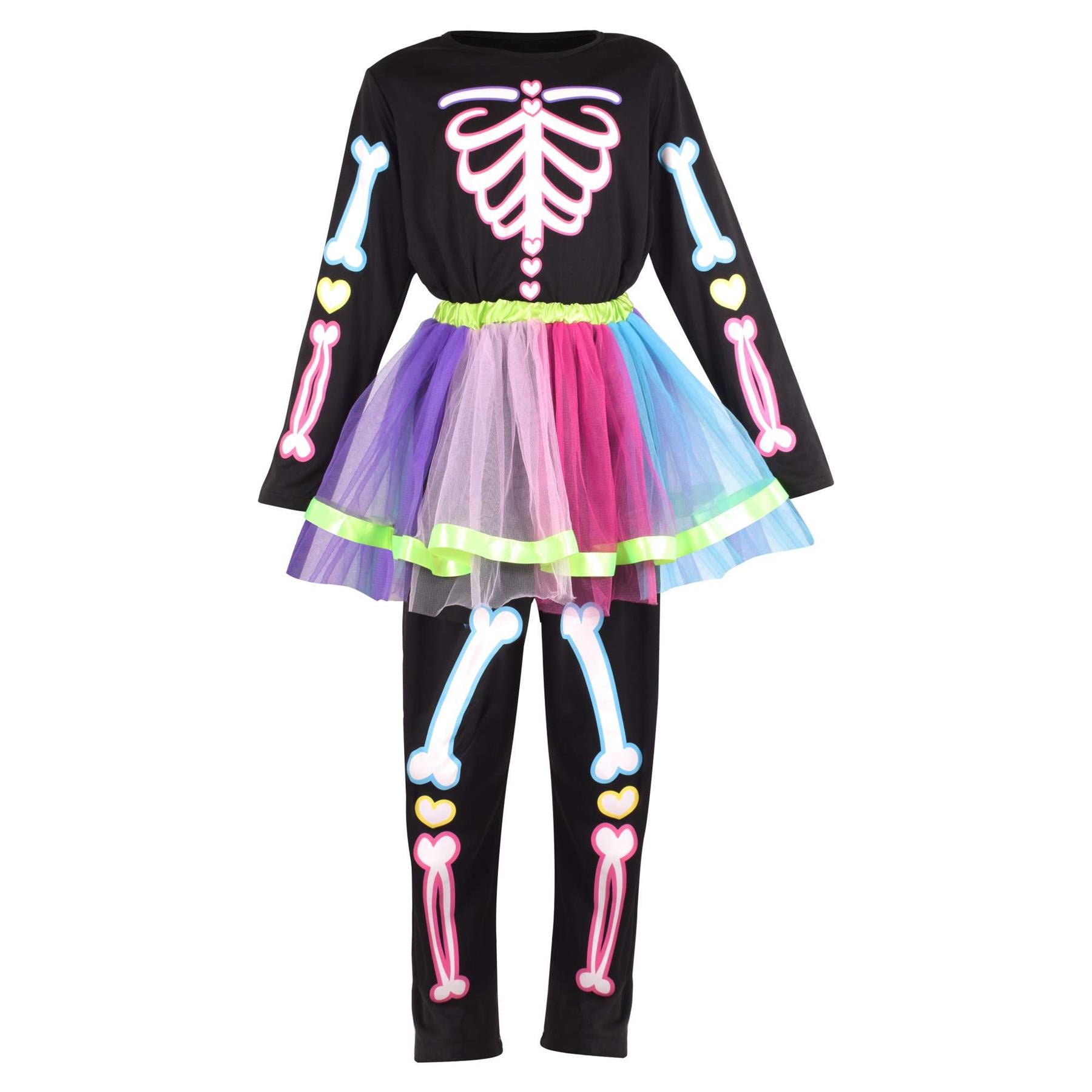 Kids Girls Skeleton Costume With Rainbow Tutu Halloween Parties Fancy Dress