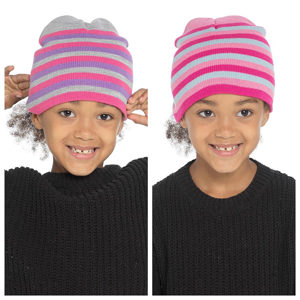 A2Z 4 Kids 2 Pack Girls Hat Striped Beanie Soft Fleece Winter Warm Cozy Hat 6-13