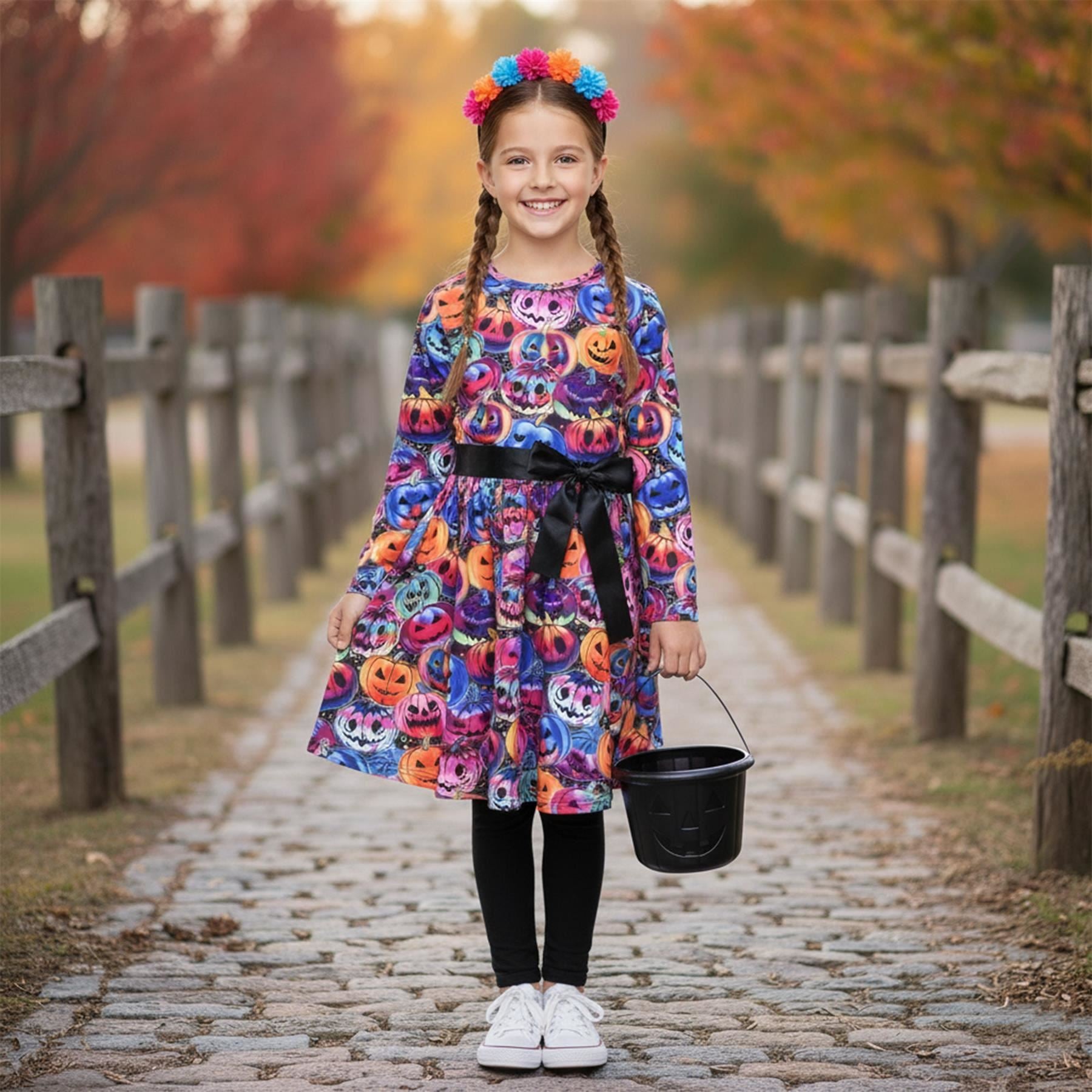 Girls Long Sleeves Multi Color Pumpkins Print Halloween Skater Dress