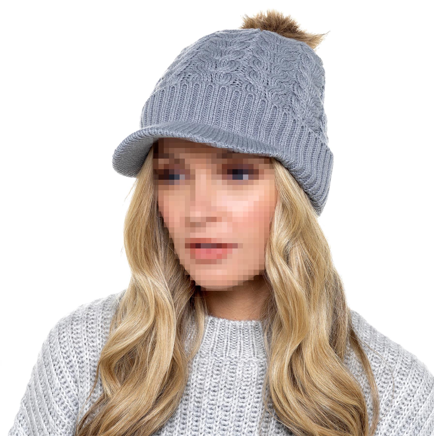 A2Z Ladies Hat Cable Knit Peaked Sherpa Detachable Pom Pom Winter Warm Cozy Caps