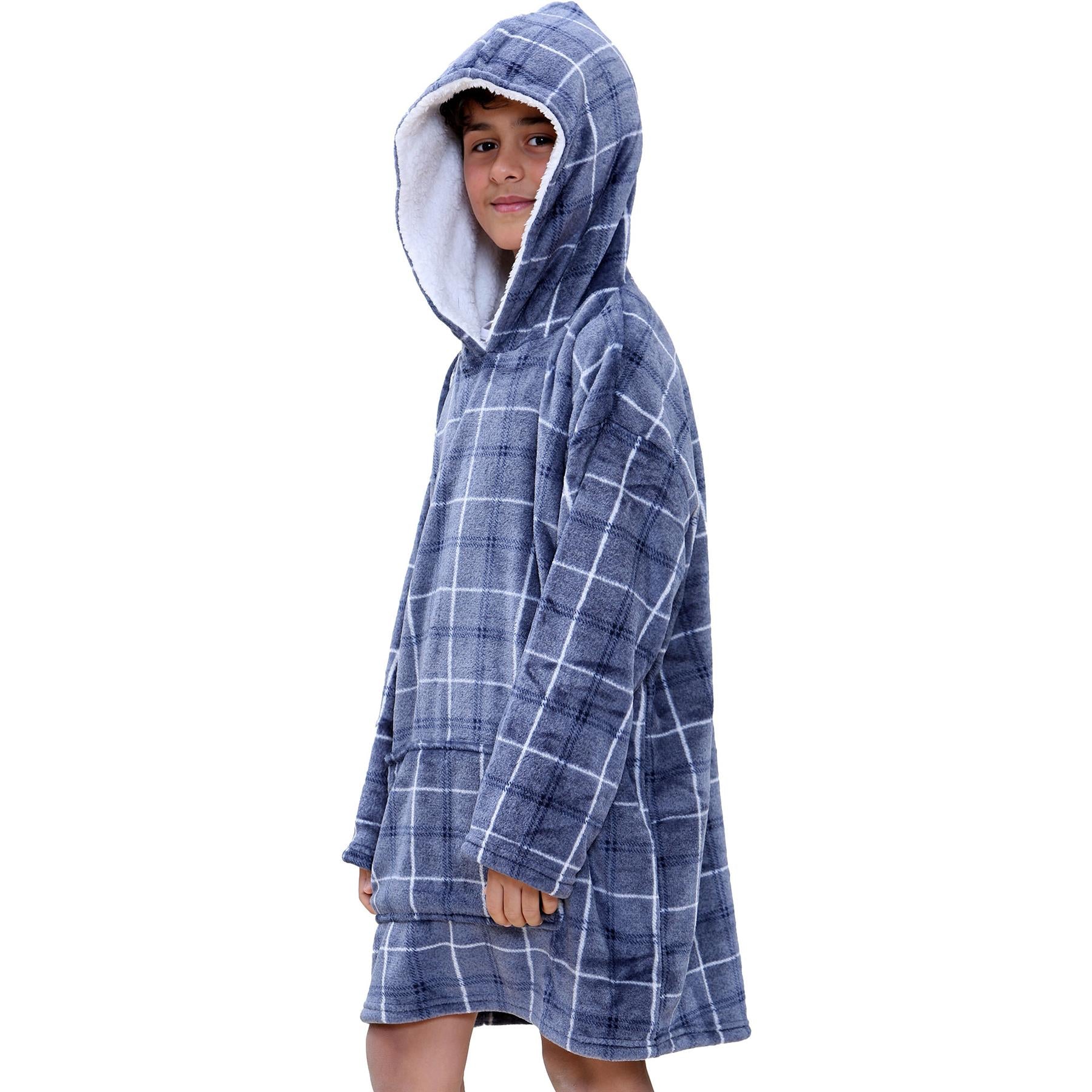 Kids Oversized Hoodie Blue Tartan Printed Snuggle Soft World Book Day Blanket