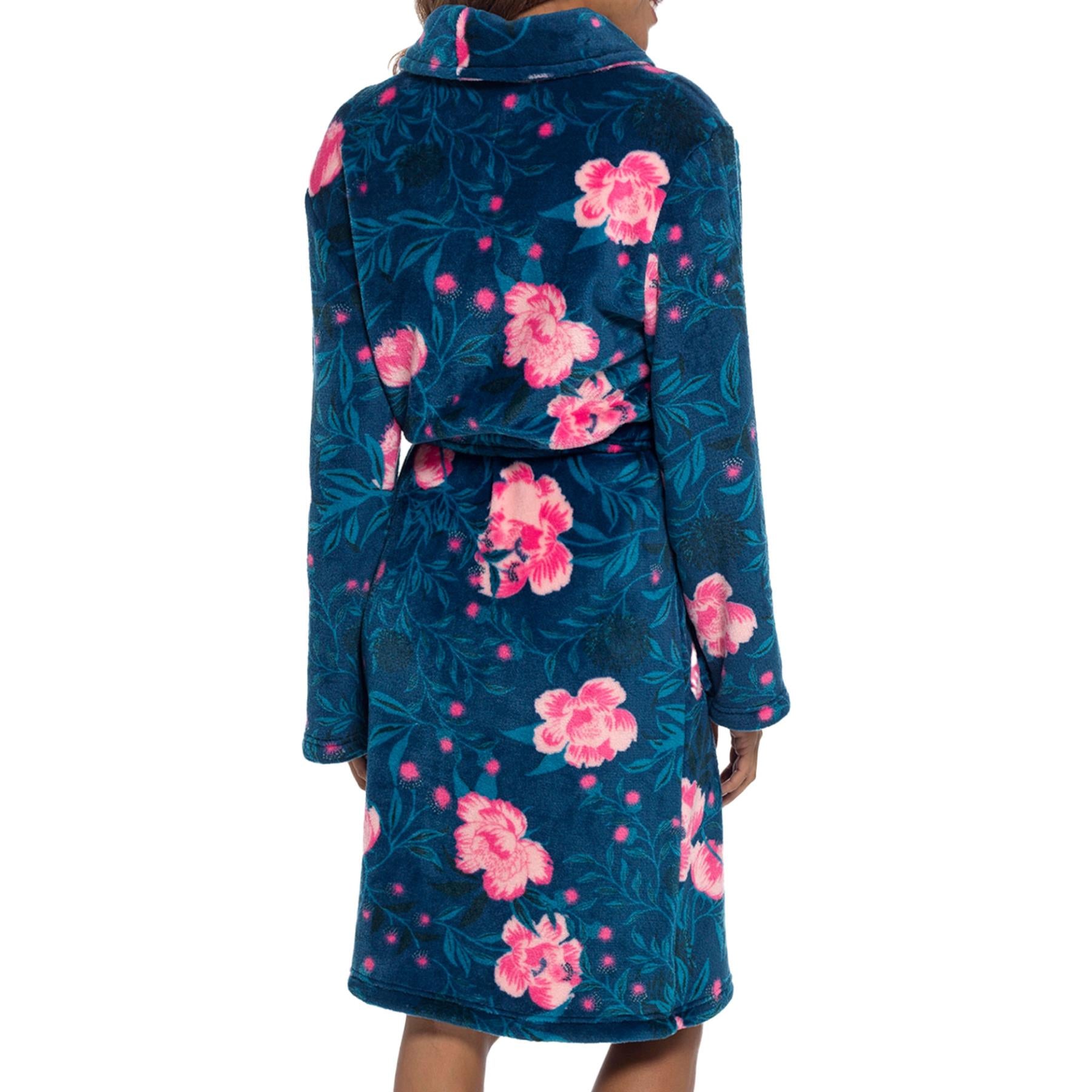 A2Z Ladies Shimmer fleece Floral Print knee Length Dressing Gown Changing Robe