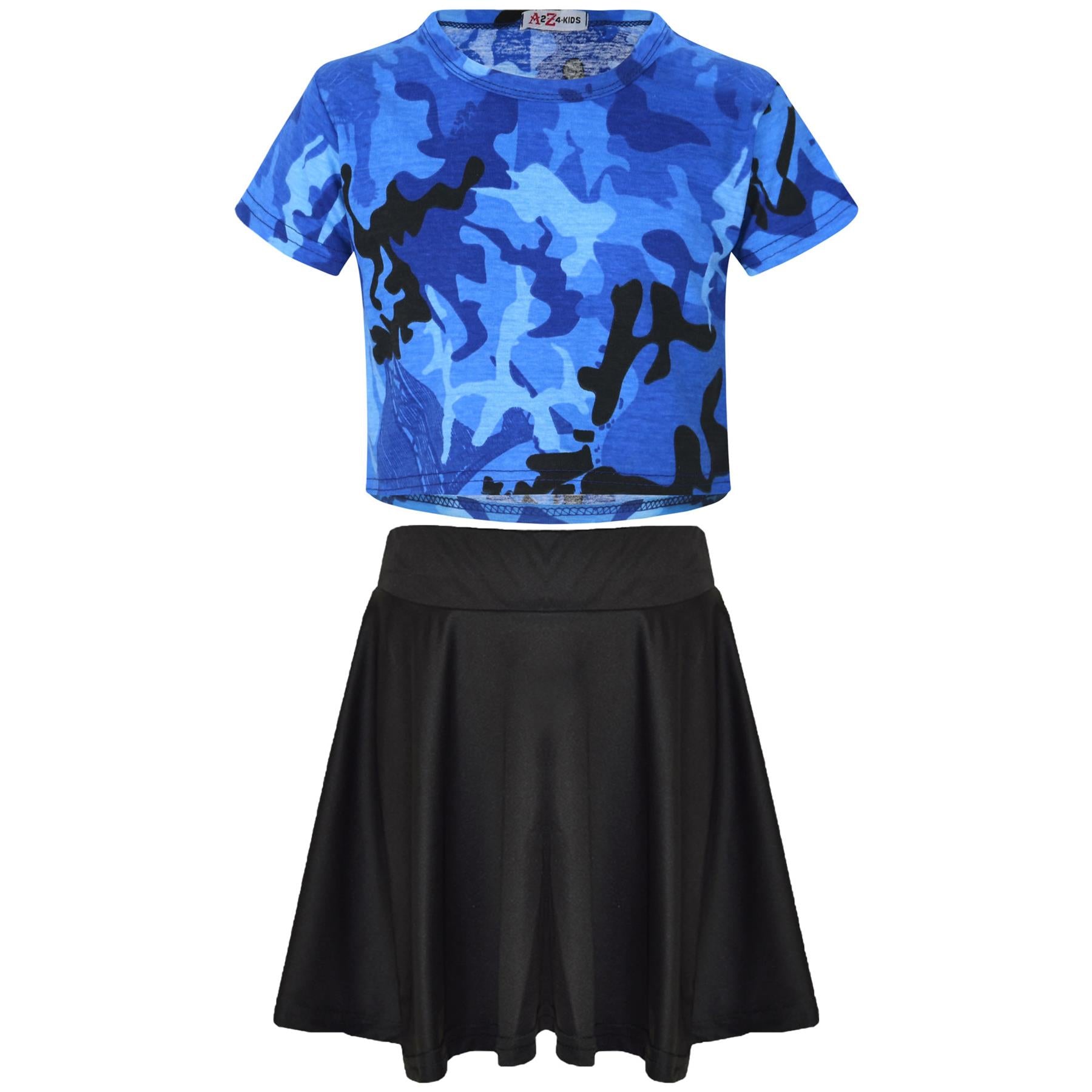Kids Girls Camouflage Print Crop Top & Skater Skirt Summer Wear Outfit Set