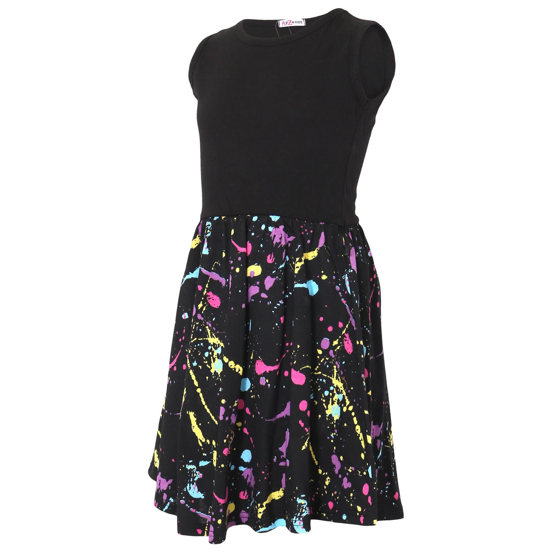 Kids Girls Panel Skater Dress Pastel Splash Print Fashion Party Dance Dresses