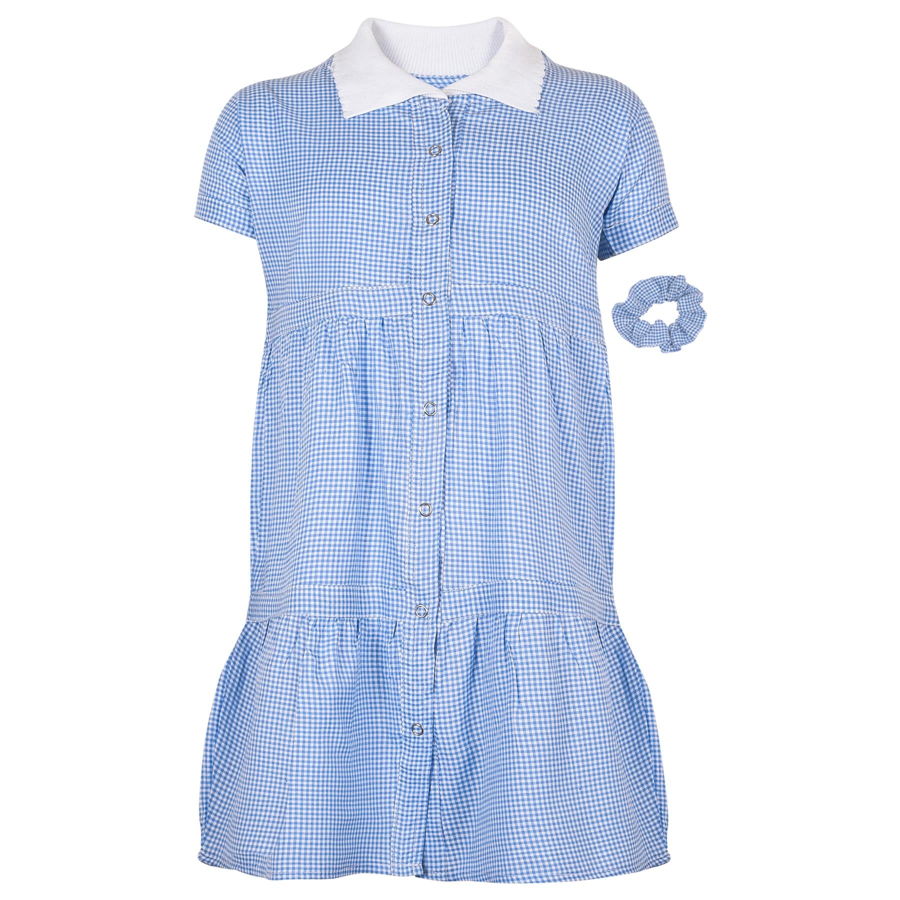 Kids Girls 2 Pack Gingham School Dress Check Button Up Tiered Dresses With Scrunchies