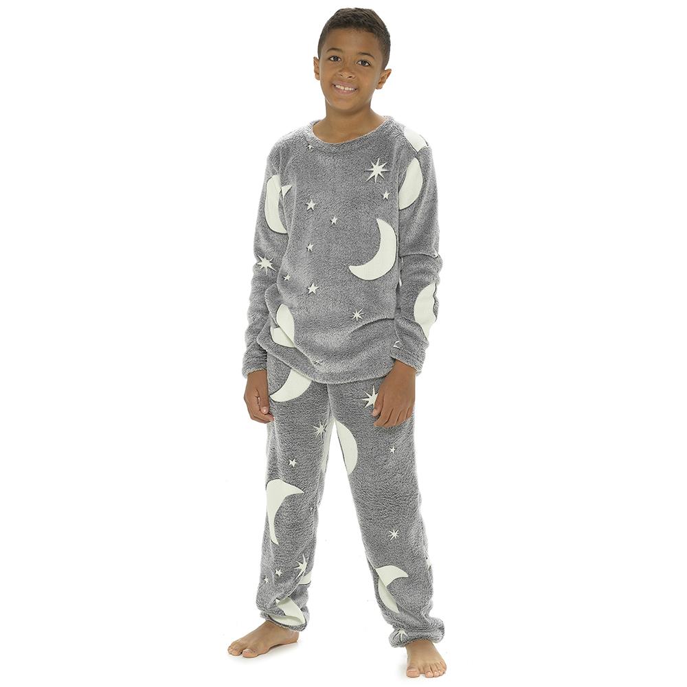 Kids Girls Boys Pyjamas Glow In The Dark Soft Flannel Fleece Sleepwear PJS Set