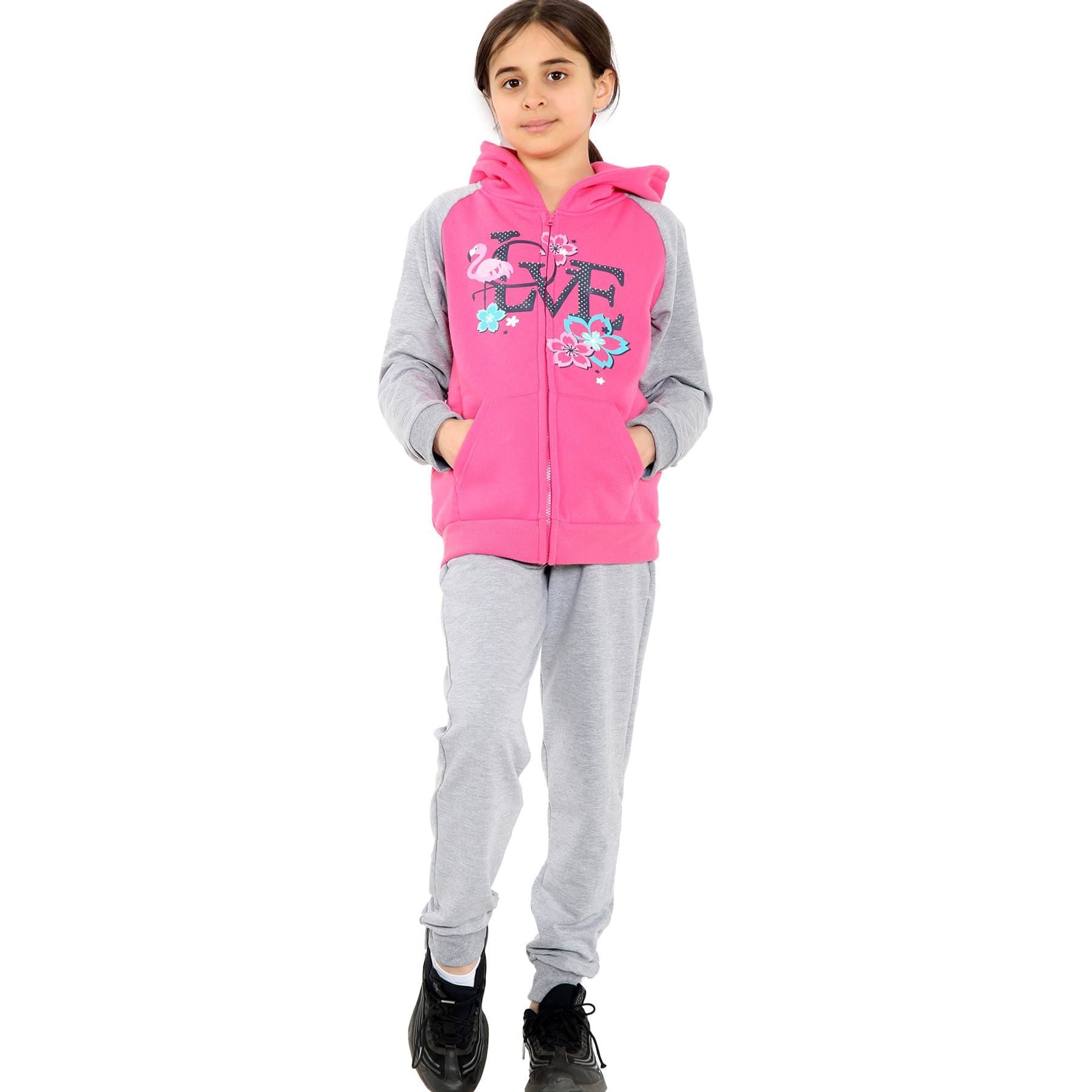 Kids Girls Love Print Hooded Zipper Hoodie & Bottom Jogging Suit