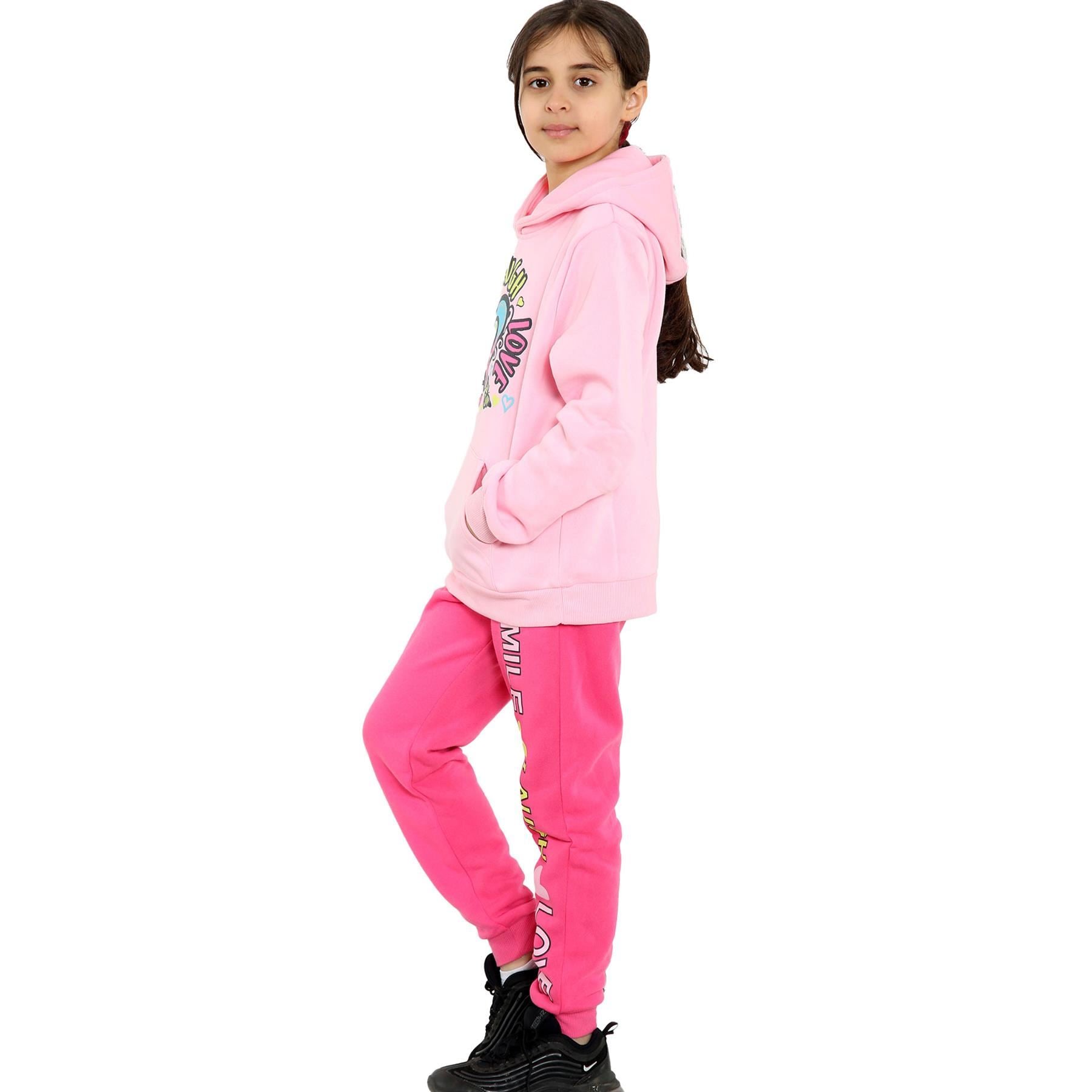 A2Z 4 Kids Girls Tracksuit Smile Laugh Love Print Hooded Top Bottoms Outfit Set