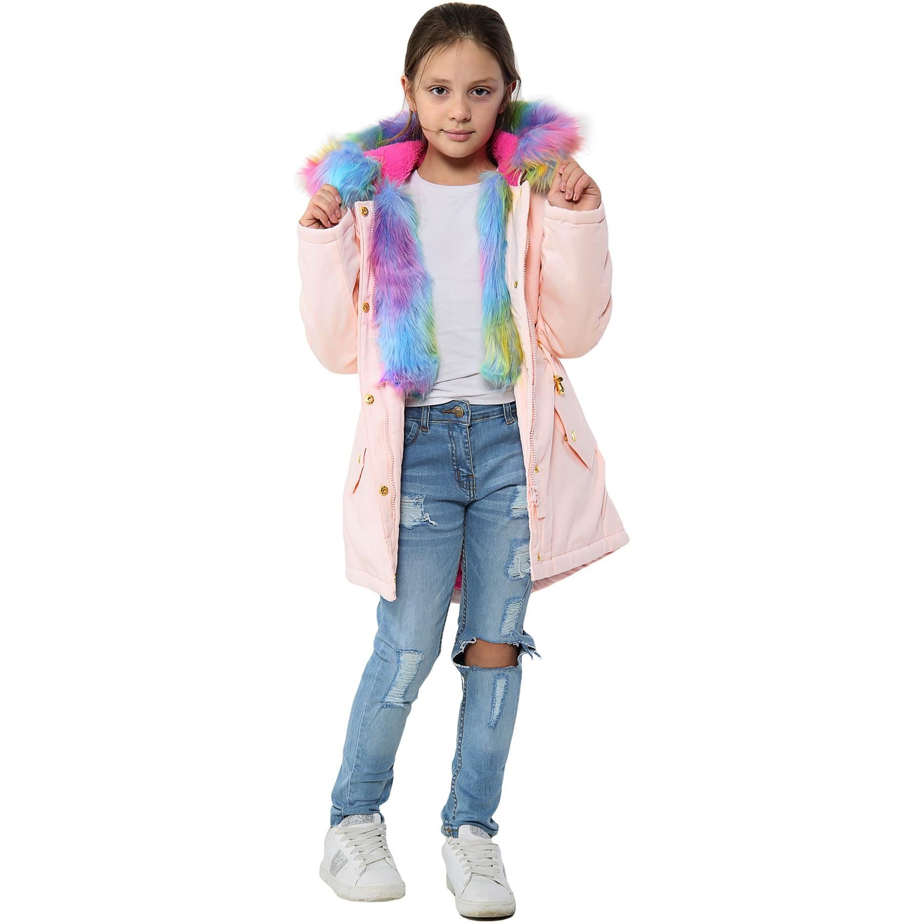 Kids Girls Hooded Coat Rainbow Faux Fur Baby Pink Parka School Jackets