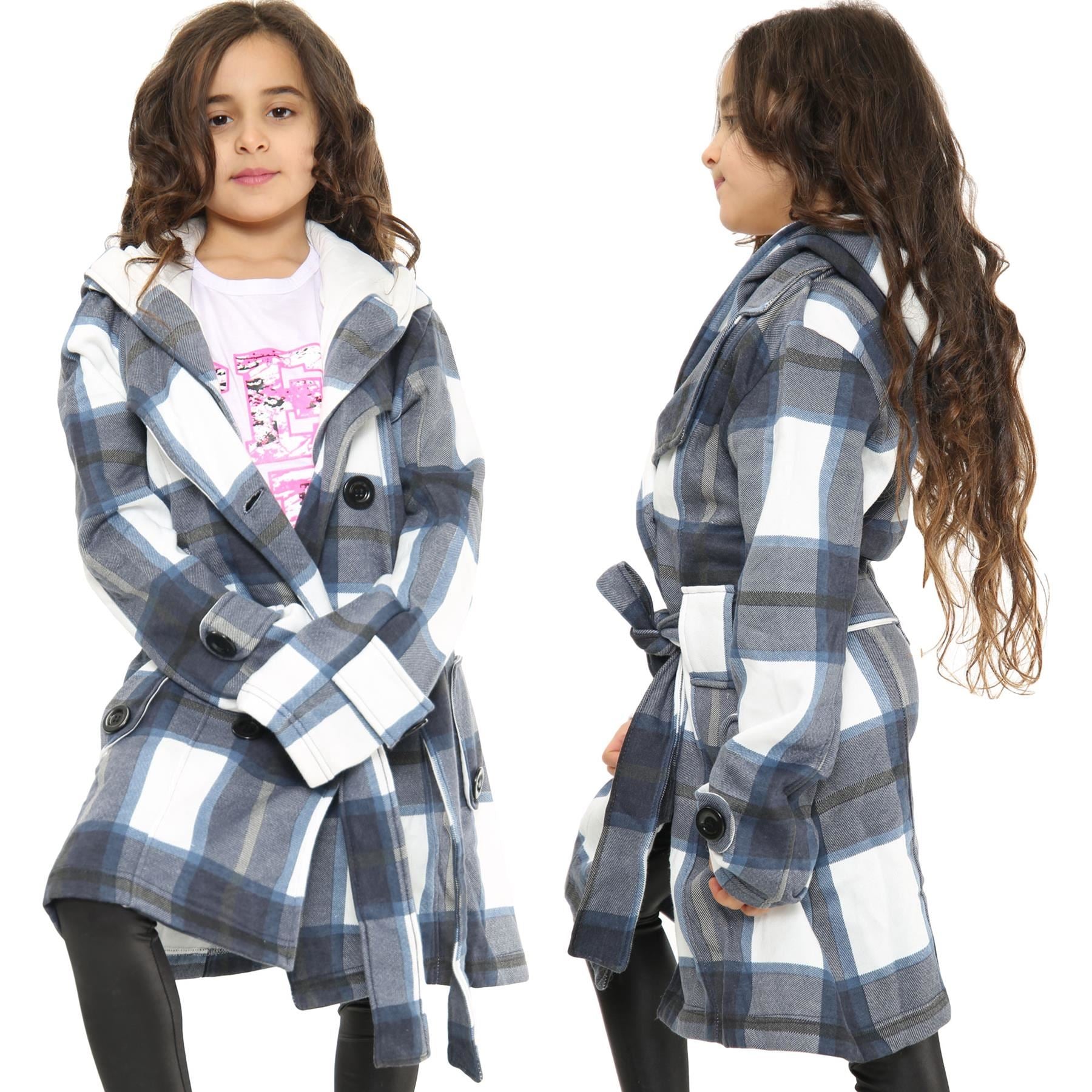 Kids Girls Overcoats Hooded Trench Coats Lapels Navy Check Long Parka Jackets
