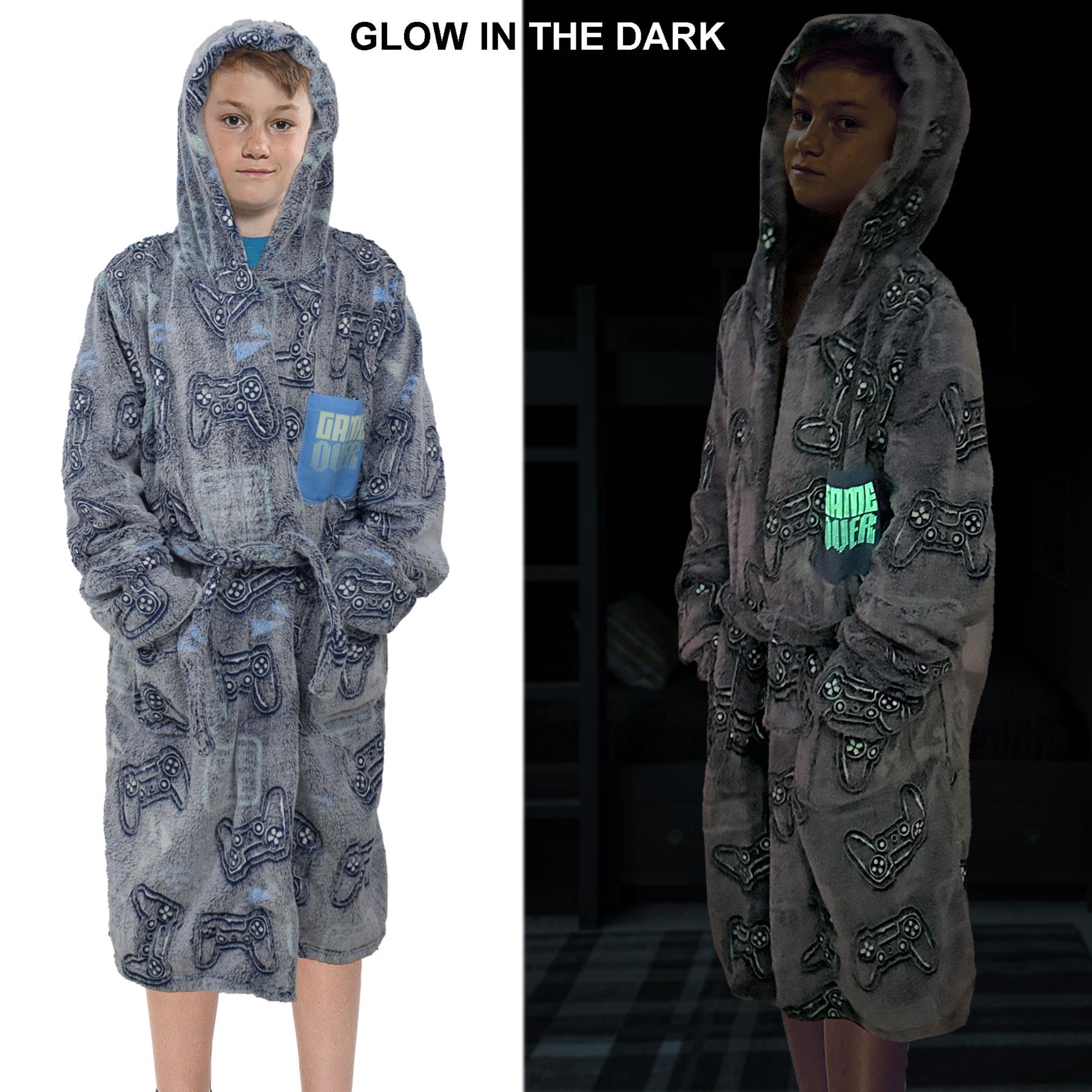 Kids Girls Boys Game Controllers Print Glow In The Dark Soft Navy Hooded Robe