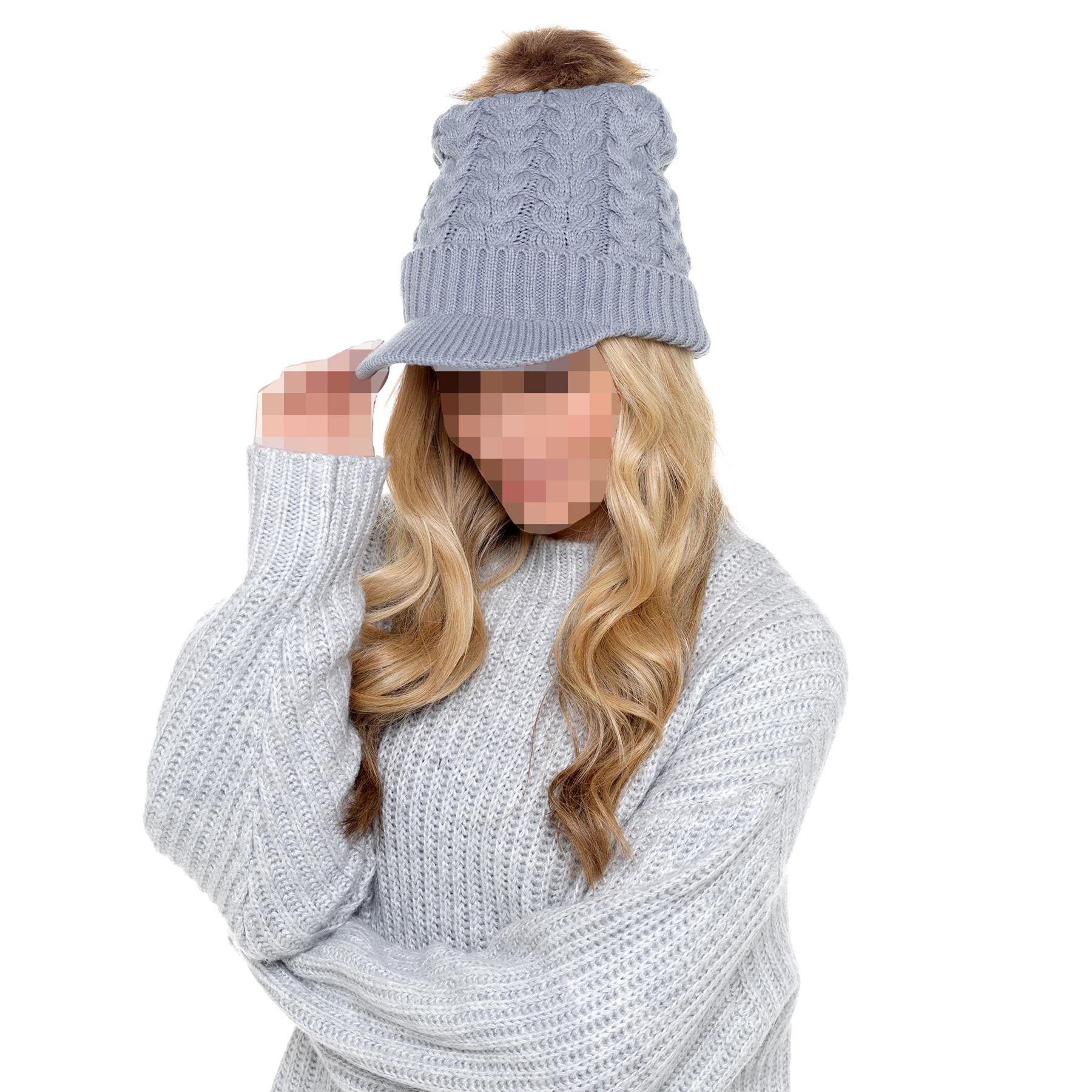 A2Z Ladies Hat Cable Knit Peaked Sherpa Detachable Pom Pom Winter Warm Cozy Caps