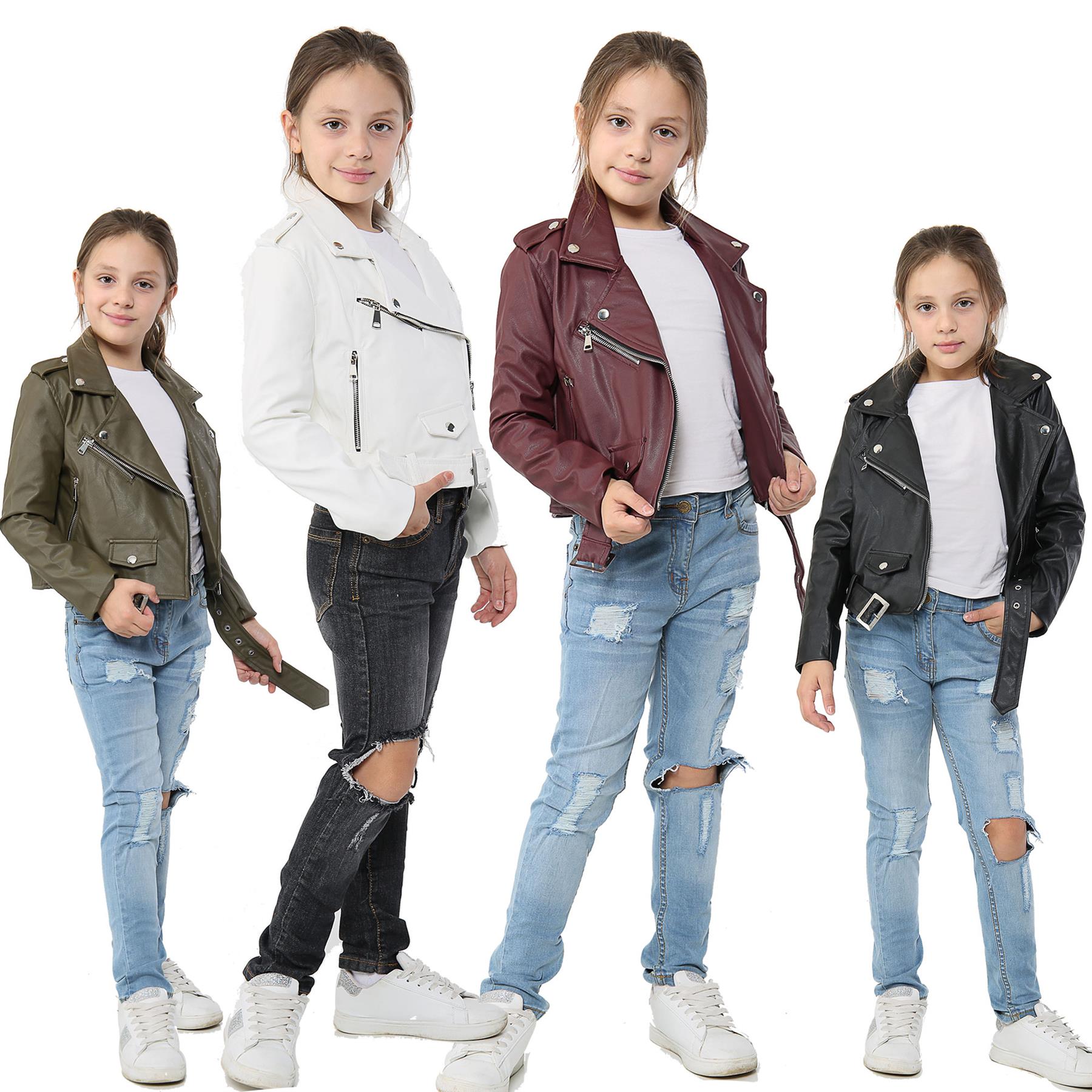 Kids Girls Jackets PU Leather Jacket Zip Up Coats