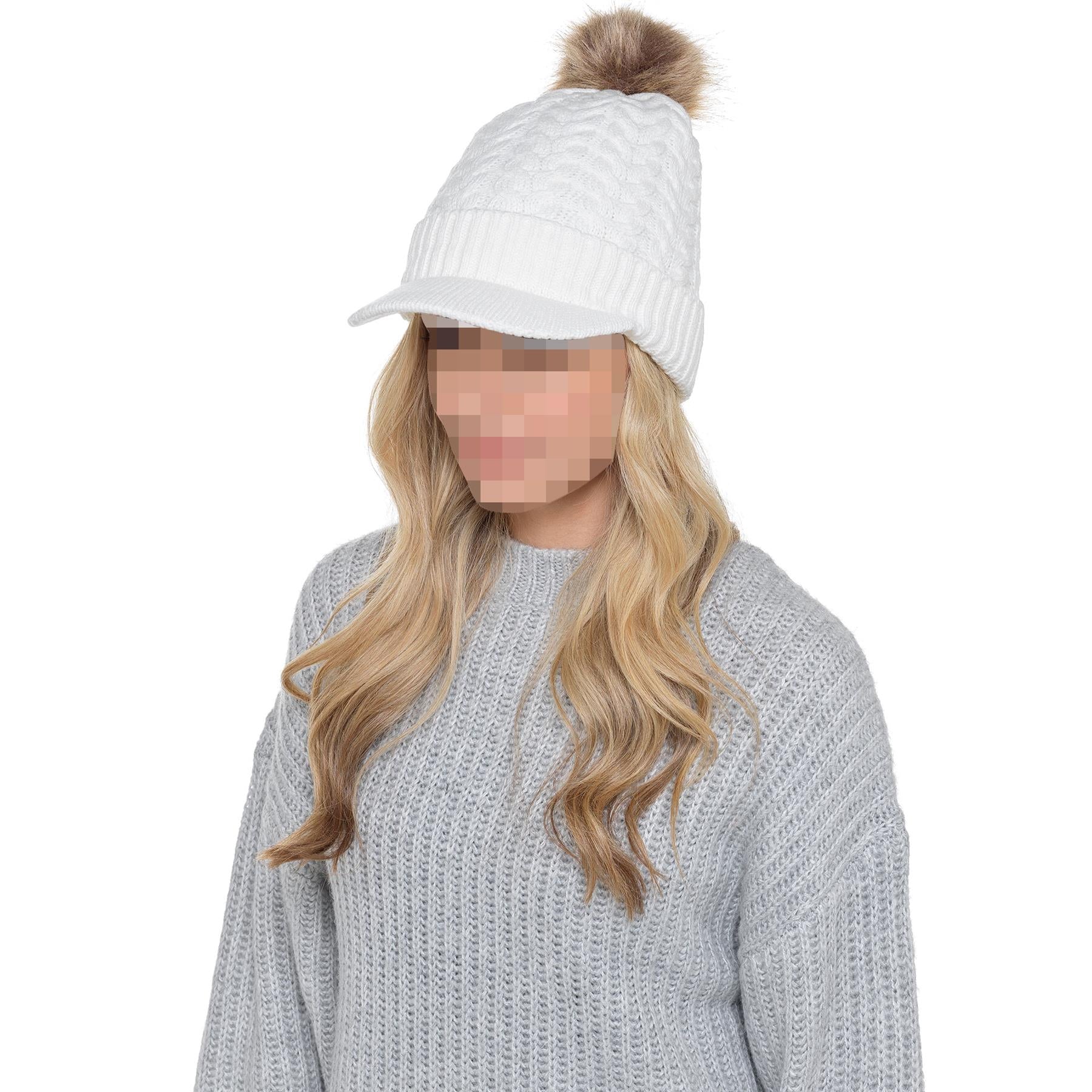 A2Z Ladies Hat Cable Knit Peaked Sherpa Detachable Pom Pom Winter Warm Cozy Caps